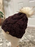 Handmade Merino Wool Knit Beanie: chocolate brown cable knit with Faux Fur Pompom