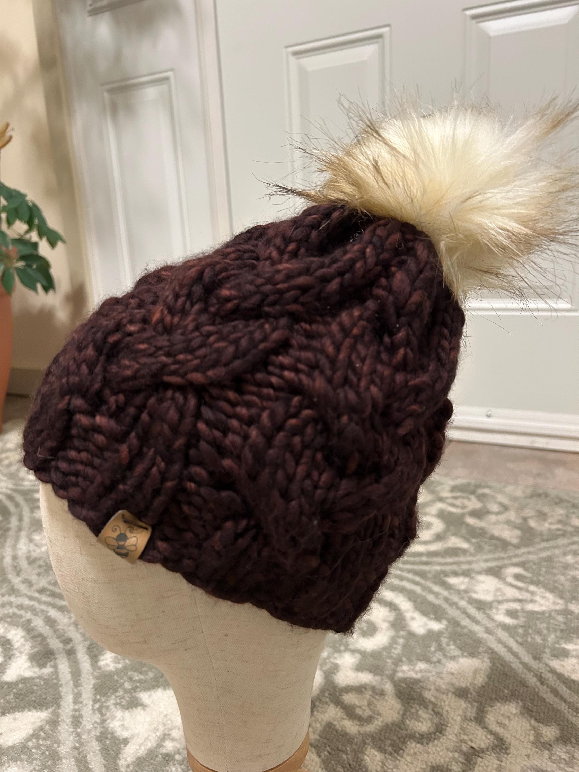 Handmade Merino Wool Knit Beanie: chocolate brown cable knit with Faux Fur Pompom