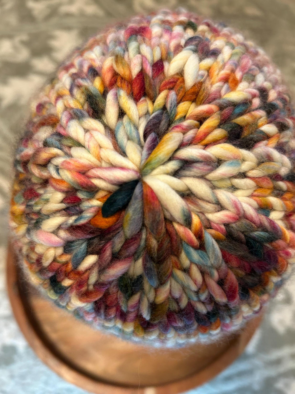 Hand Knit Merino Wool Beanie: Blue Red Multi Colour Toque