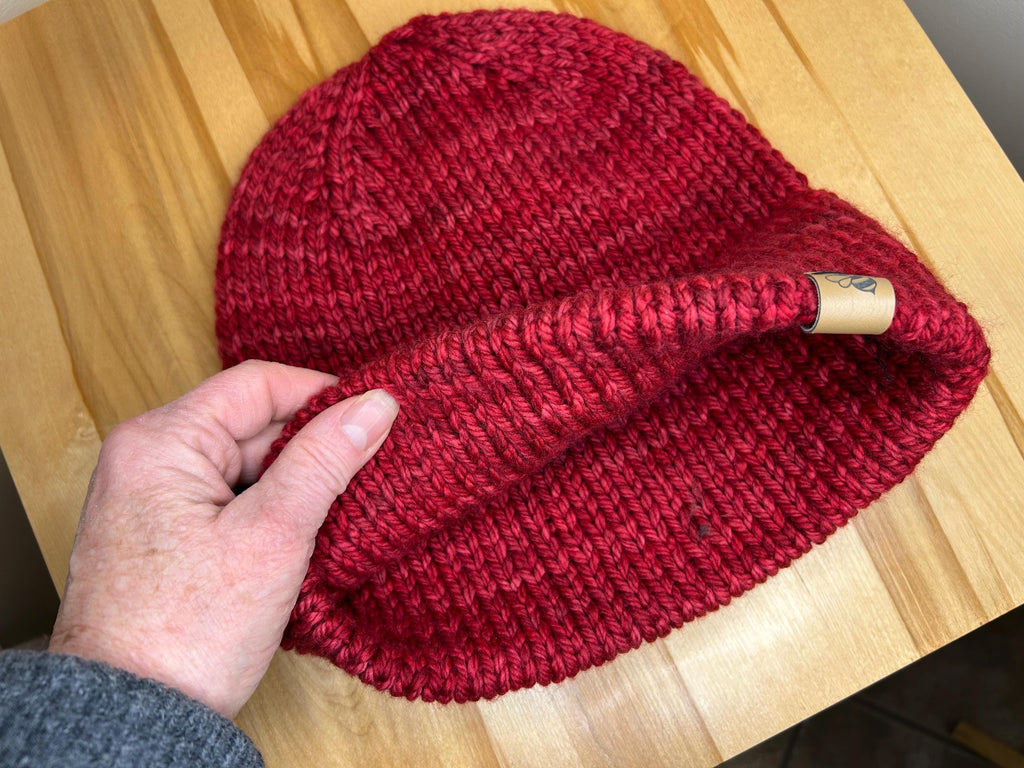 Hand Knit Merino Wool Beanie: Double Brim Red Toque, Cozy Warm Winter Hat