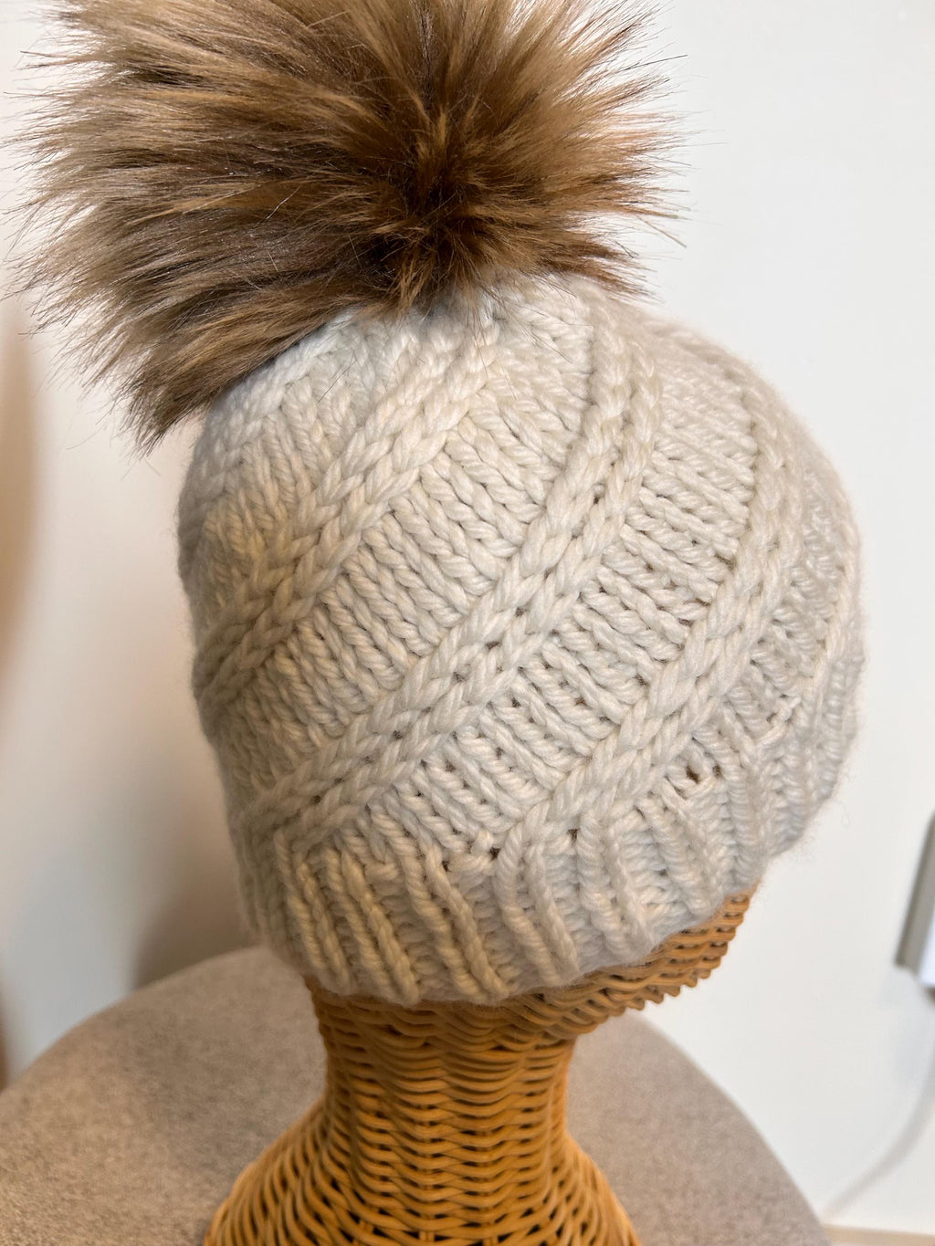 Hand Knit Merino Wool Beanie: Removable Faux Fur Pompom