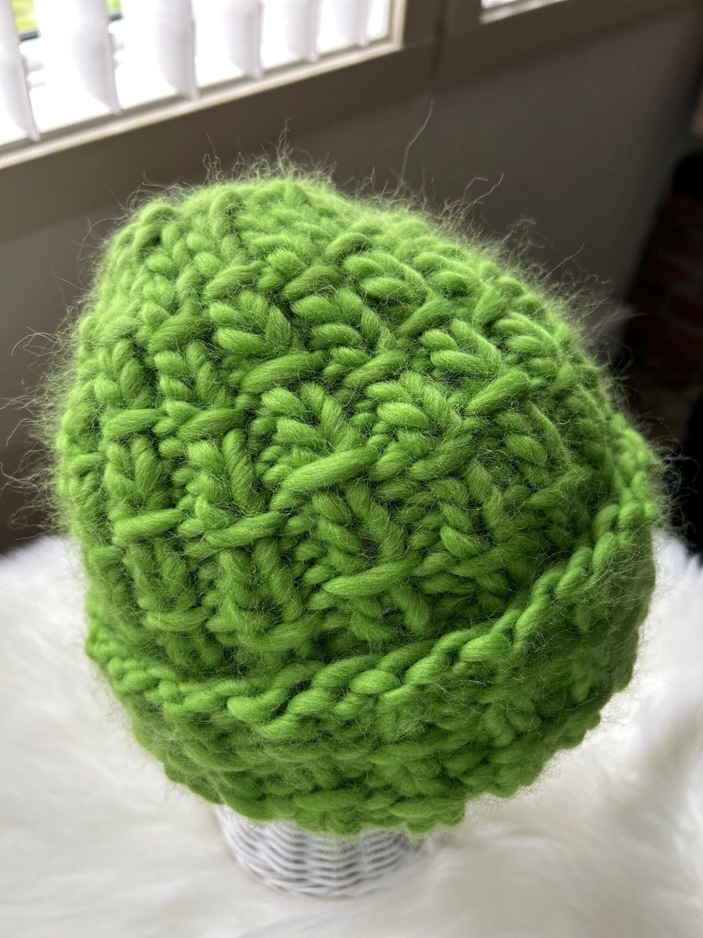 Handmade Green Wool Beanie: Chunky Knit Folded Brim, Made in Canada, bulky toque