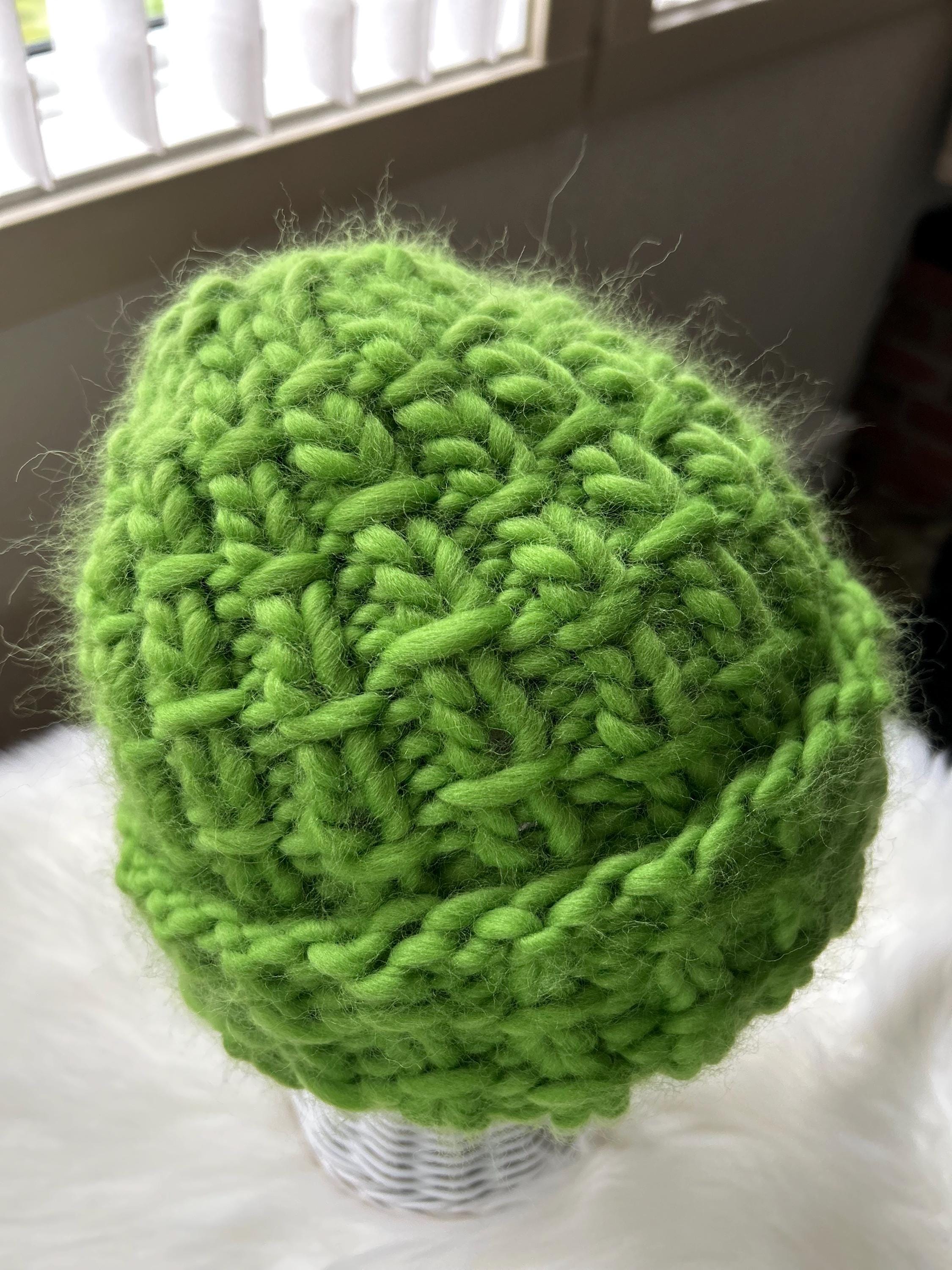 Handmade Green Wool Beanie: Chunky Knit Folded Brim, Made in Canada, bulky toque