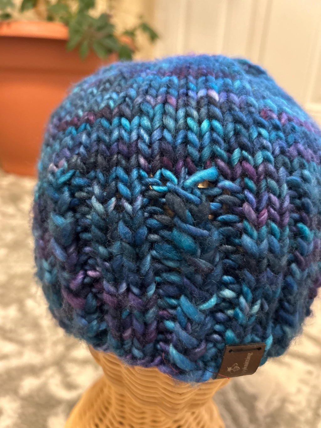 Hand Knit Merino Wool Beanie, Blue Purple Toque