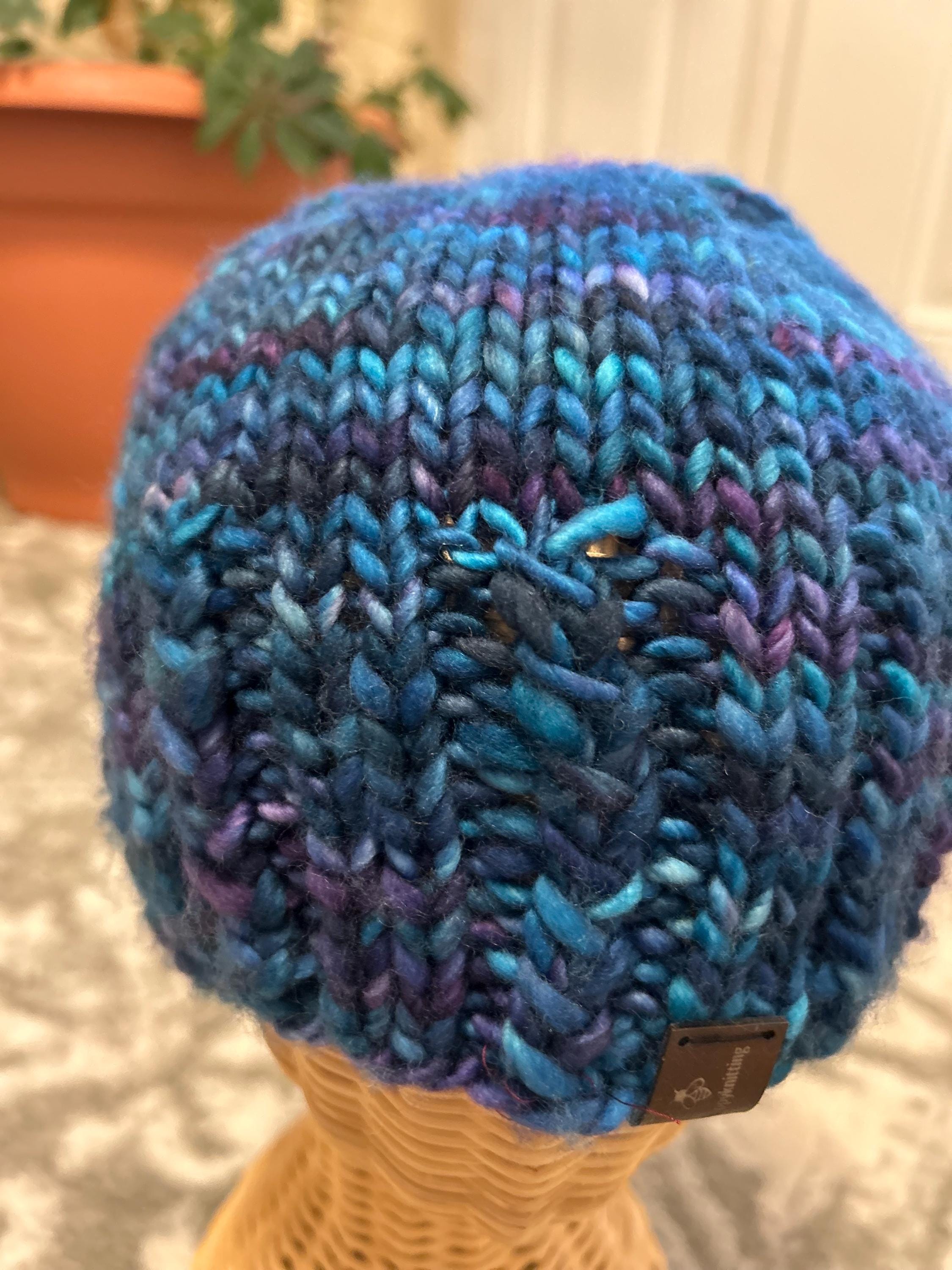 Hand Knit Merino Wool Beanie, Blue Purple Toque