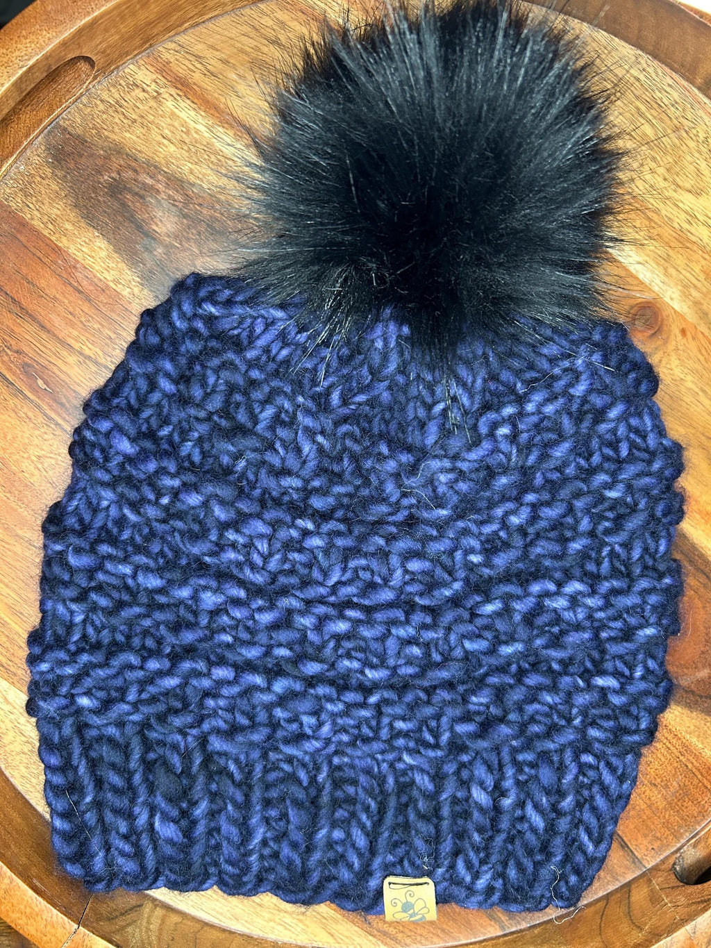 Handmade Merino Wool Knit Beanie: navy blue textured knit with Faux Fur Pompom