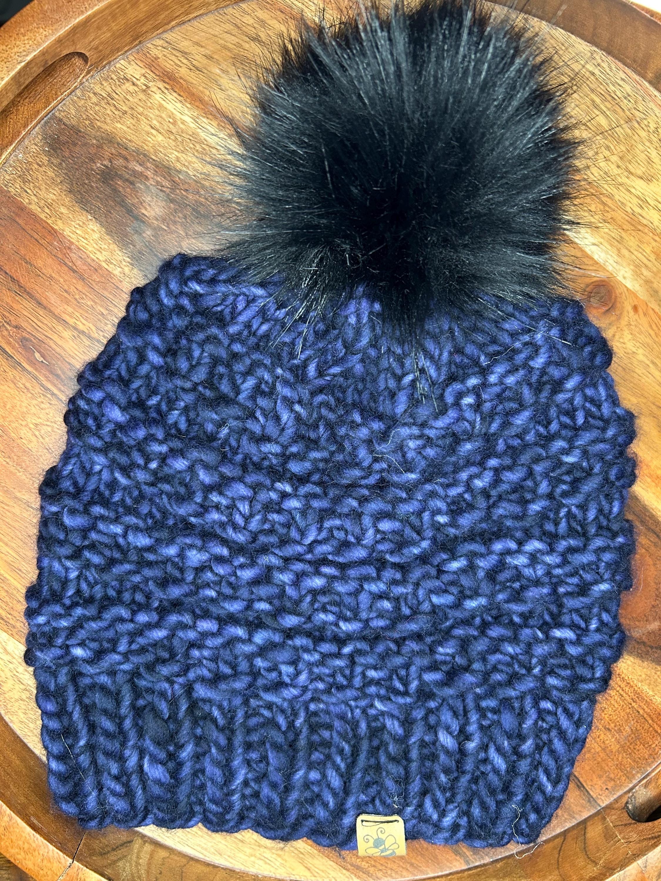 Handmade Merino Wool Knit Beanie: navy blue textured knit with Faux Fur Pompom