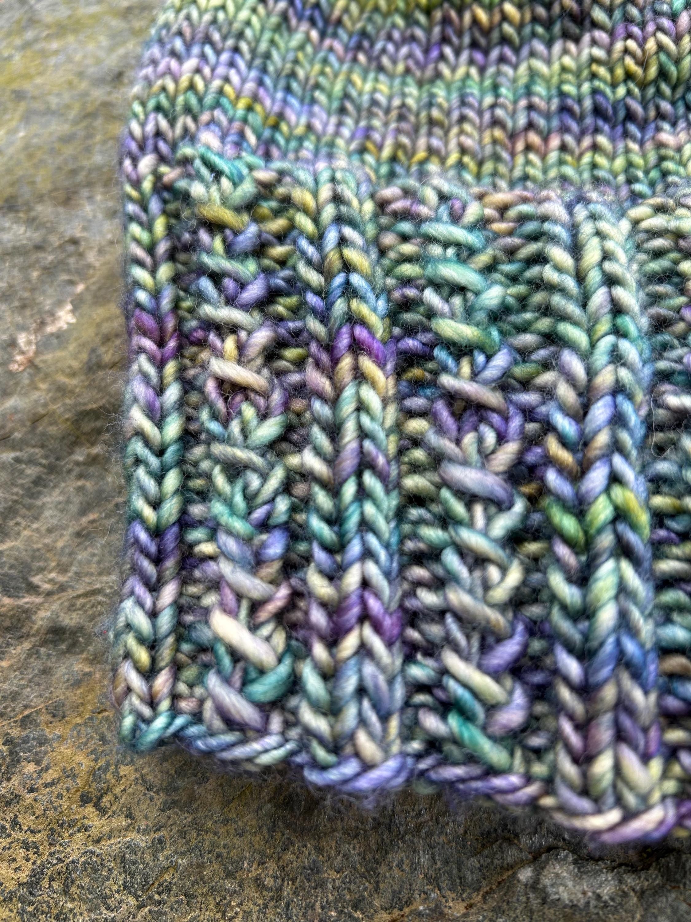 Hand Knit Wool Beanie: green and purple Textured Toque