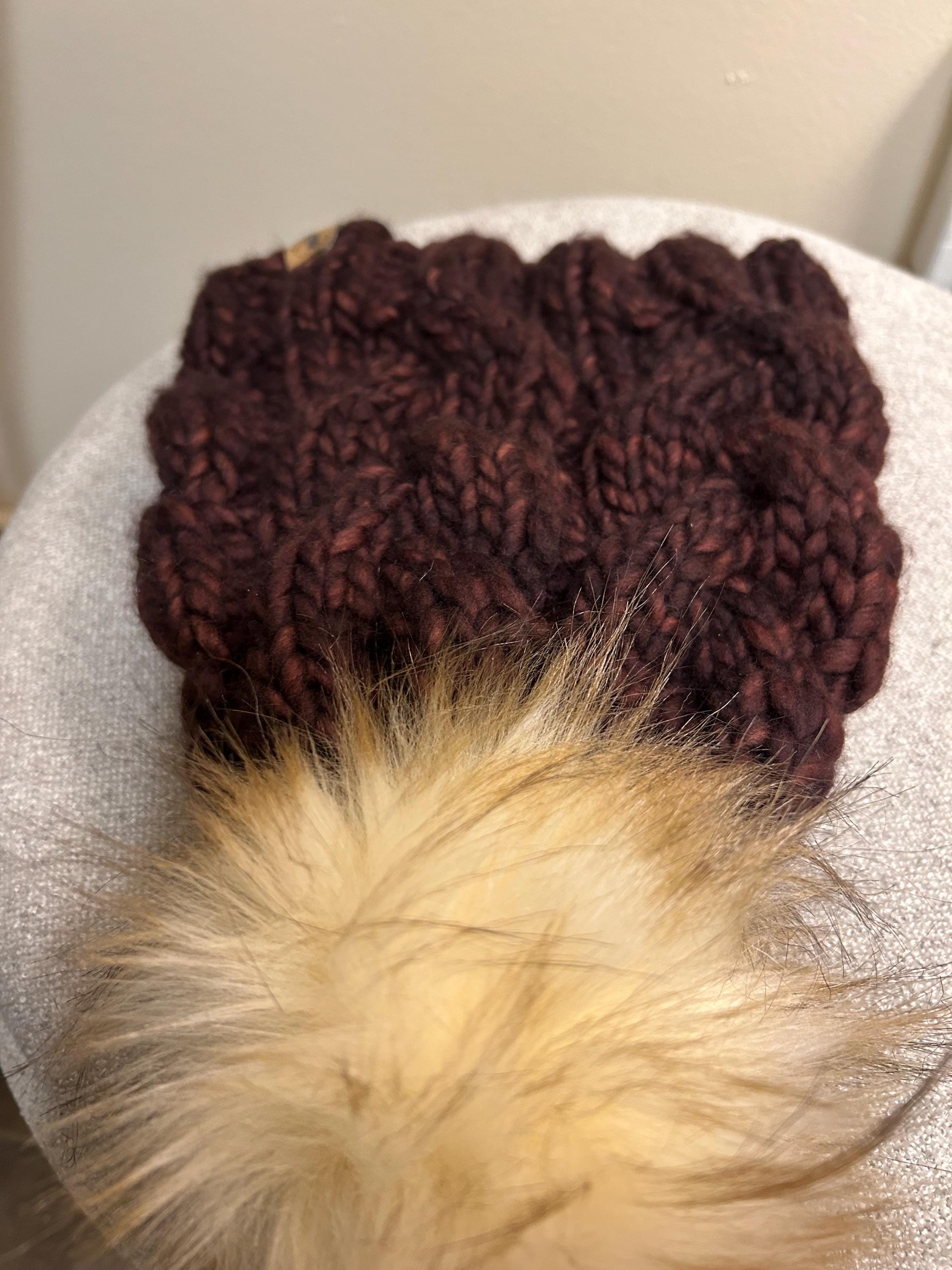 Handmade Merino Wool Knit Beanie: chocolate brown cable knit with Faux Fur Pompom