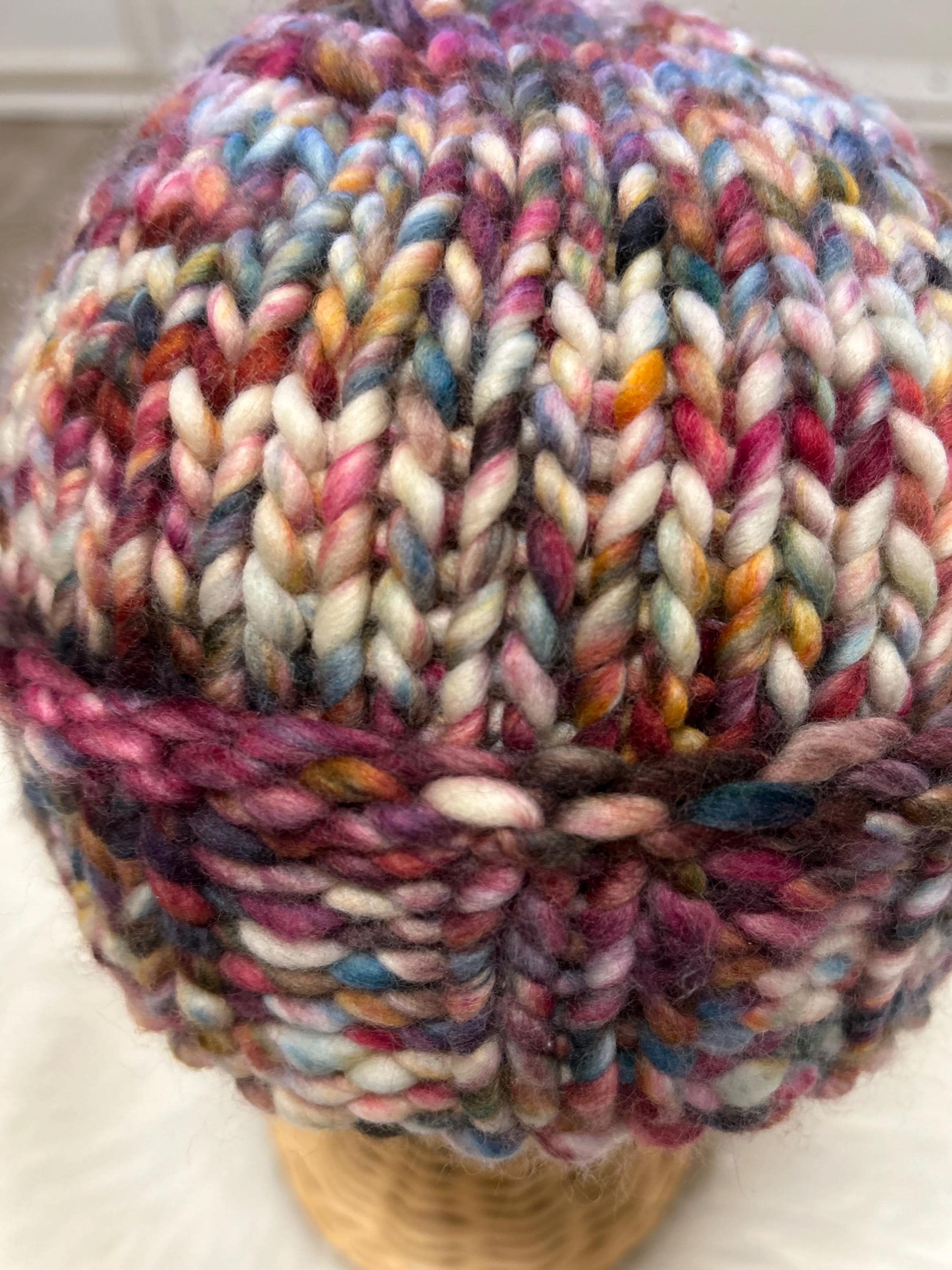 Hand Knit Merino chunky Wool toque: red colour Winter Hat, folded brim