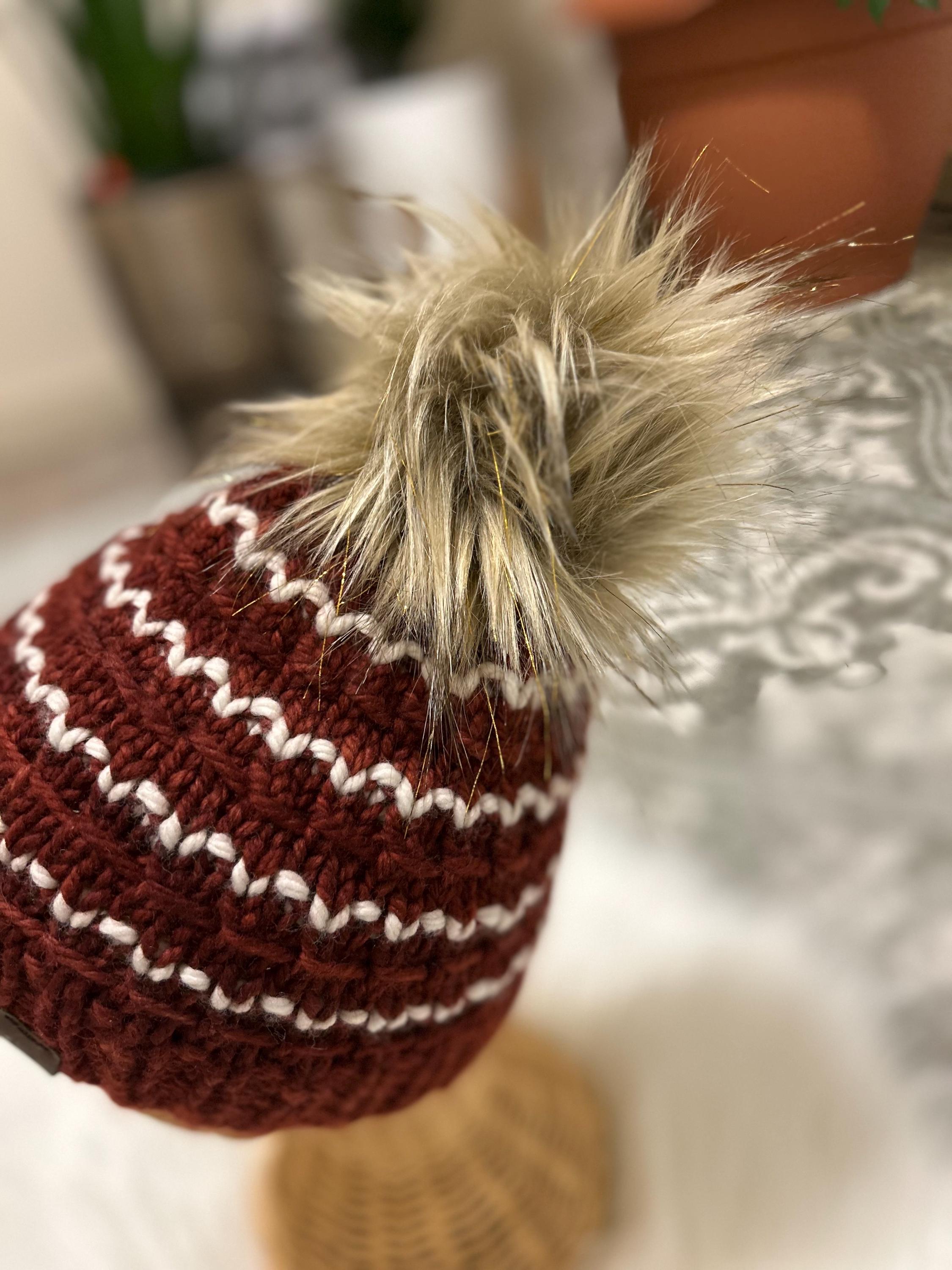 Hand Knit Merino Wool Beanie: Brown Ribbed Pom Pom toque