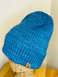 Hand Knit Teal Blue Merino Wool Beanie: Double Brim, High Top