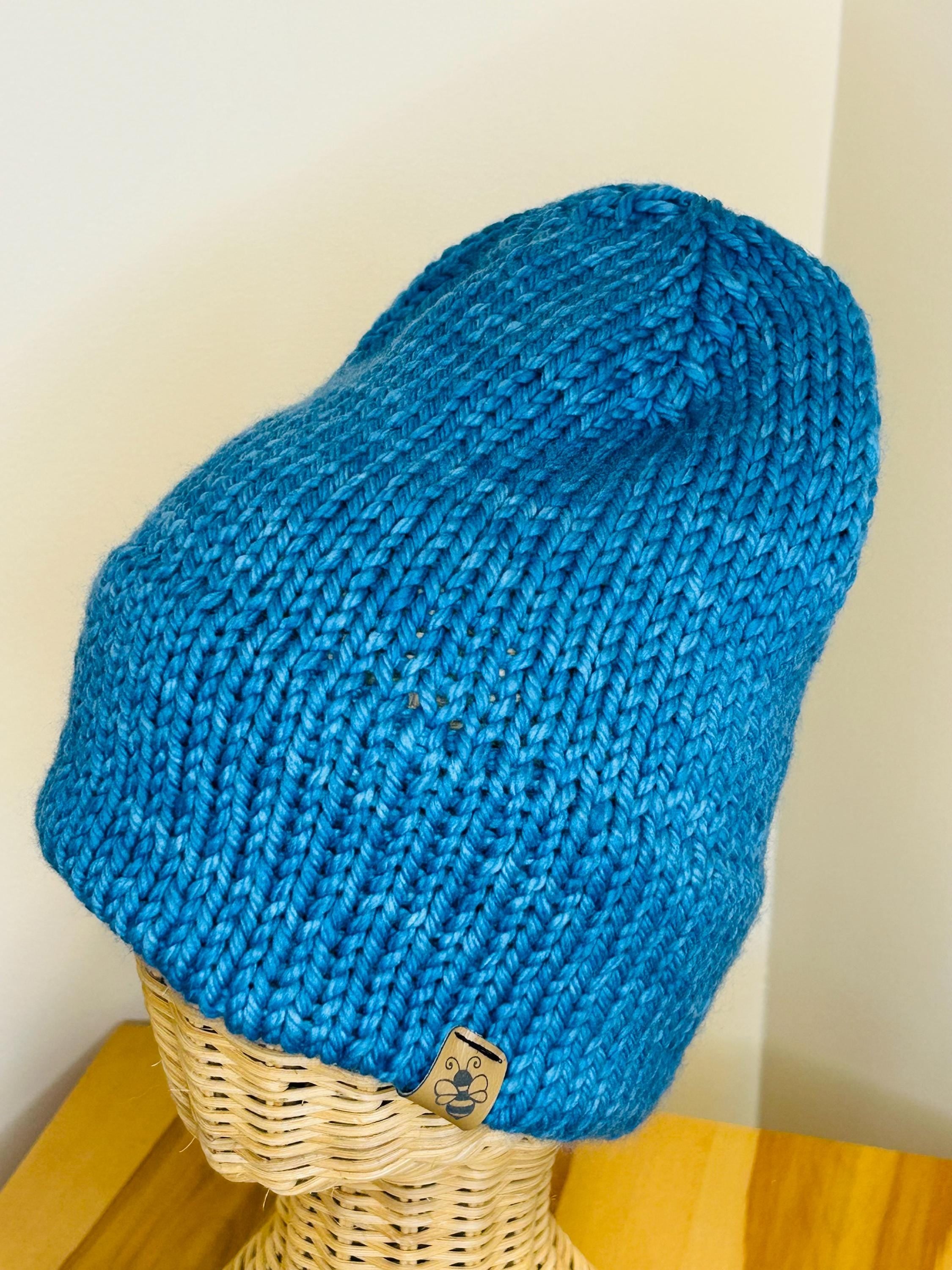 Hand Knit Teal Blue Merino Wool Beanie: Double Brim, High Top