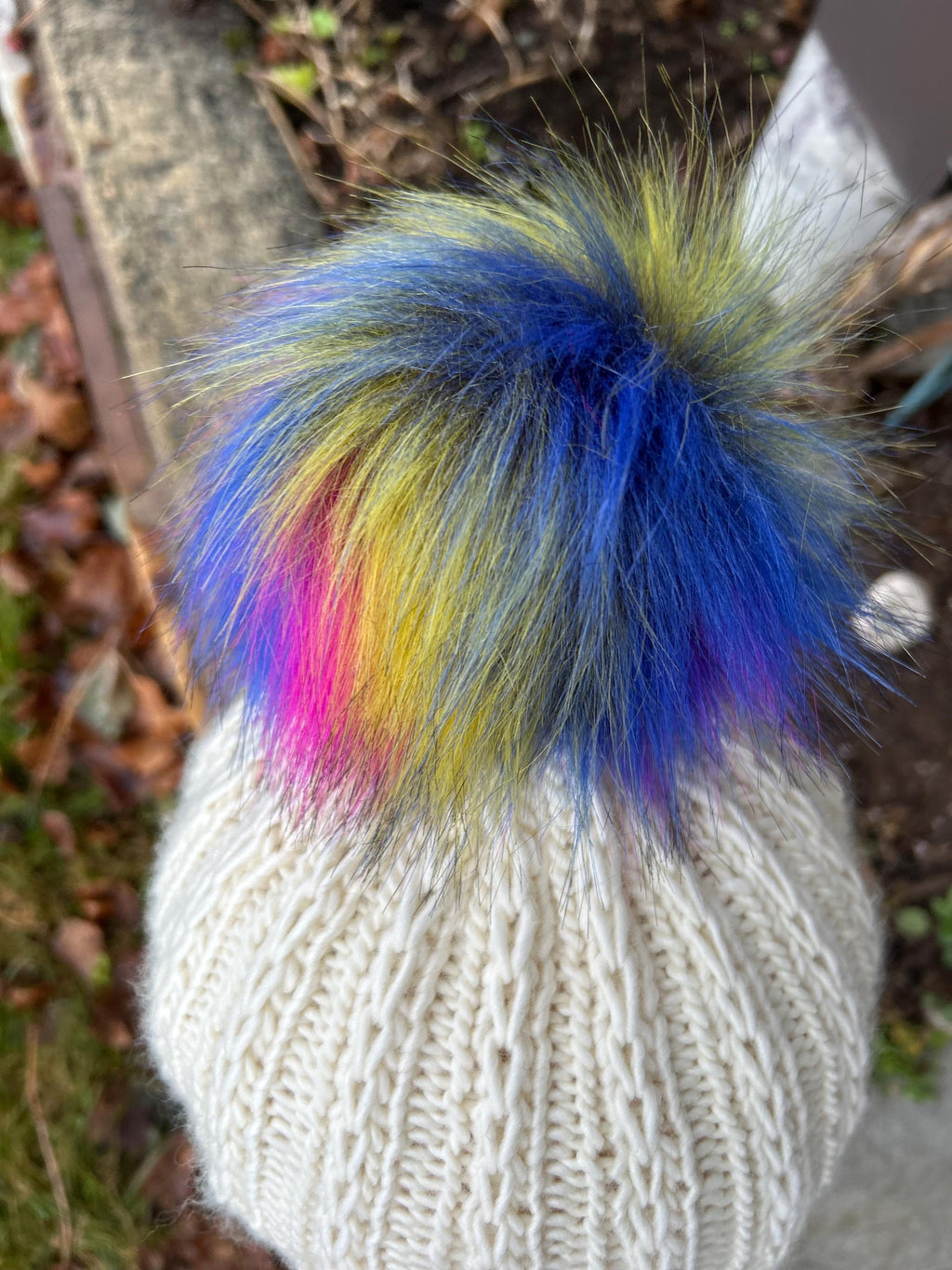 Hand Knit Merino Wool Beanie: Off White soft Toque with Faux Fur Pompom, knitted hat