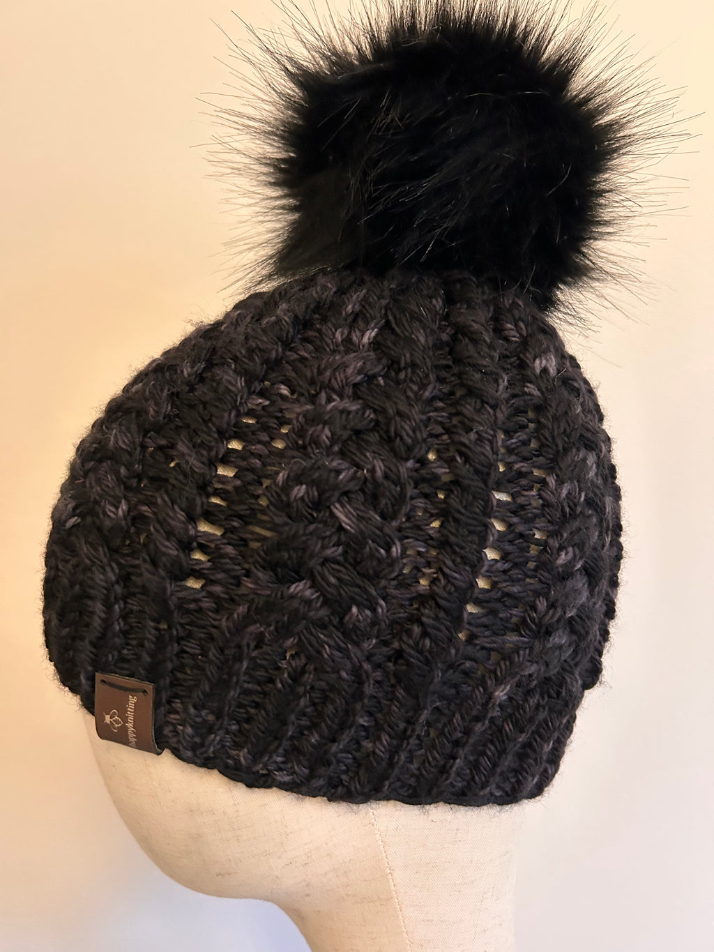 Handmade Merino Wool Knit Beanie: Black Textured Knit