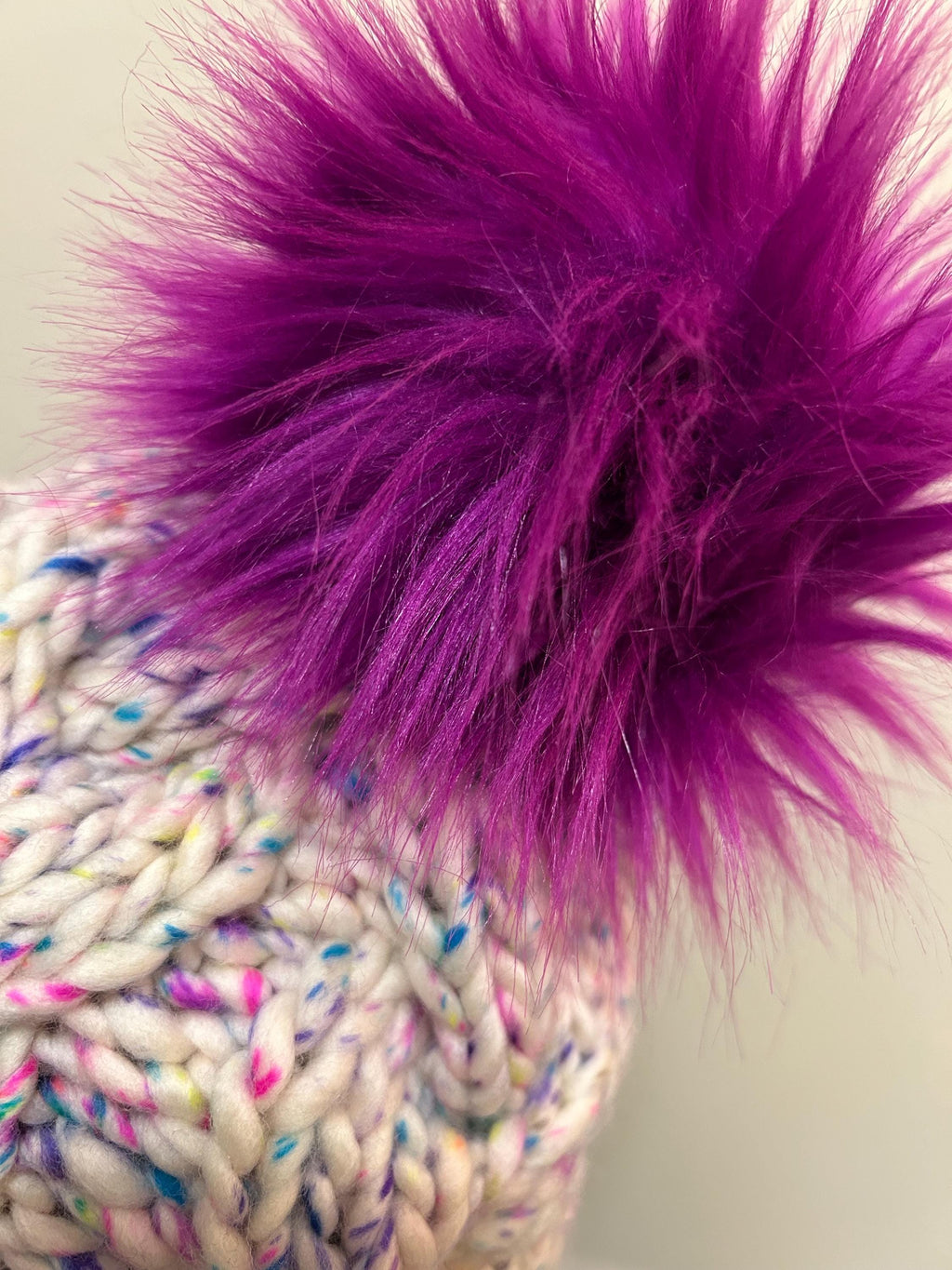 Handmade Merino Wool Knit Beanie: white blue cable with Faux Fur Pompom, purple pompom