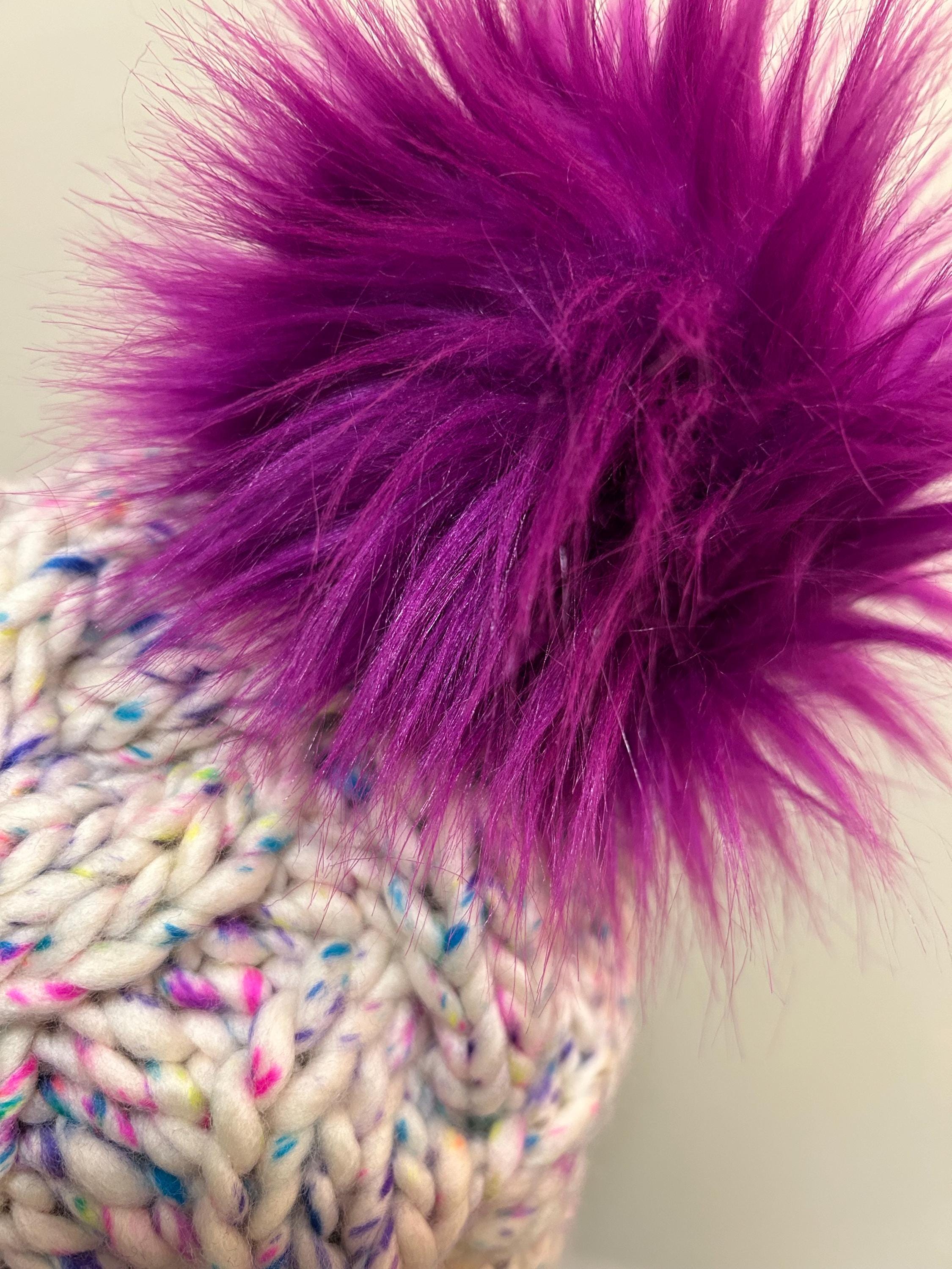 Handmade Merino Wool Knit Beanie: white blue cable with Faux Fur Pompom, purple pompom