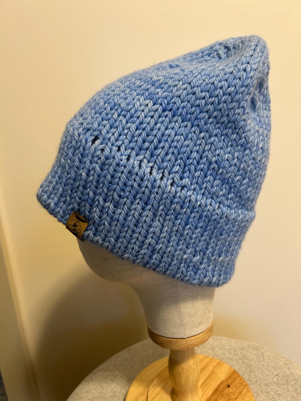 Hand Knit Merino Wool Beanie: Double Brim high top hat for men or women, soft cozy warm winter toque, light blue toque,  gift
