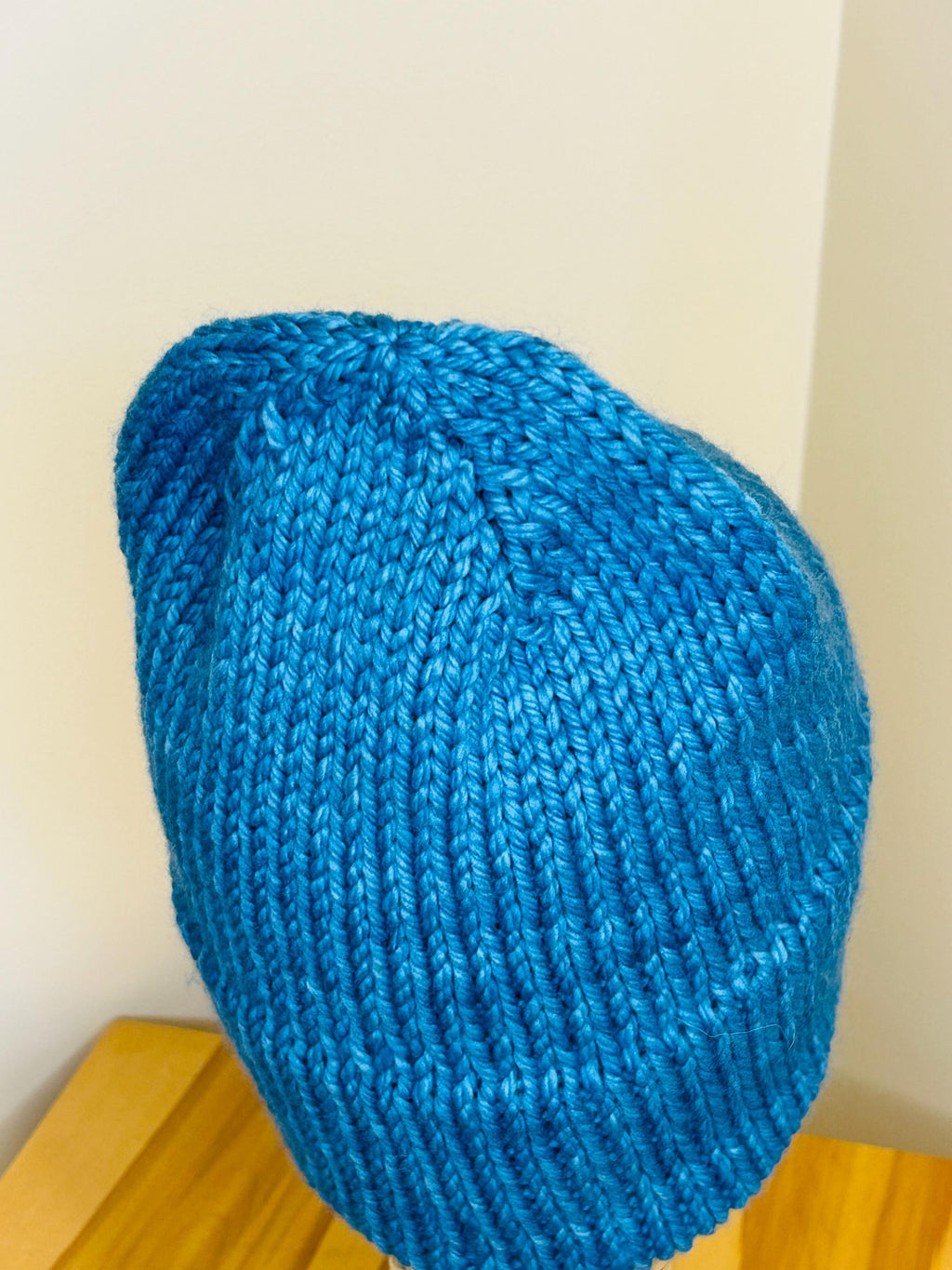 Hand Knit Teal Blue Merino Wool Beanie: Double Brim, High Top