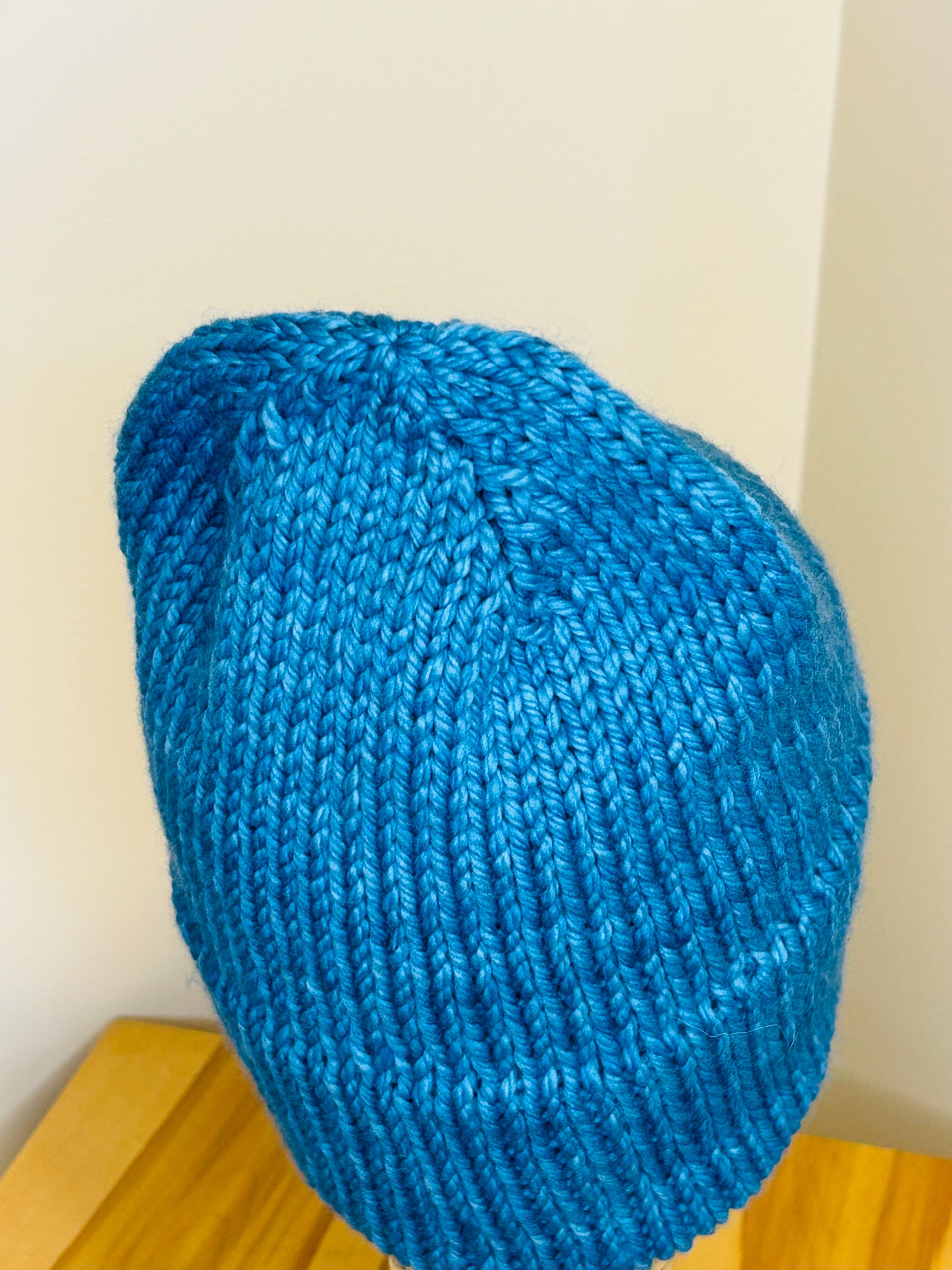 Hand Knit Teal Blue Merino Wool Beanie: Double Brim, High Top