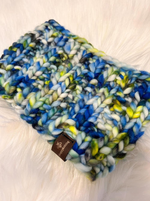 Adult size headband, Handknit, blue white multi colour, Winterwear, messy bun, wool, winter accessory
