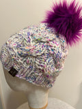 Handmade Merino Wool Knit Beanie: white blue cable with Faux Fur Pompom, purple pompom