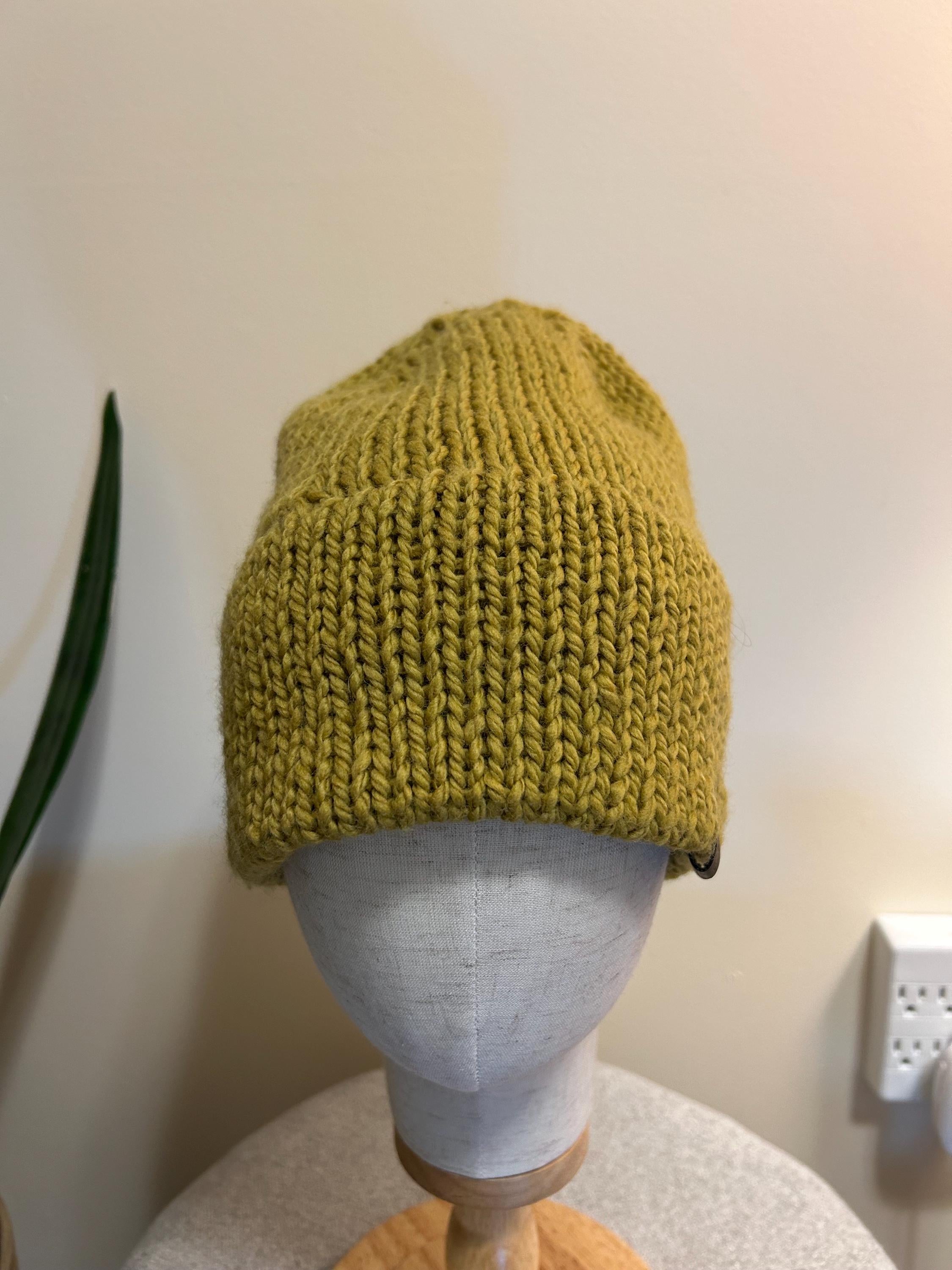 Hand Knit Merino Wool Beanie: Double Brim high top hat for men or women, soft cozy warm winter toque, soft yellow colour toque,  gift
