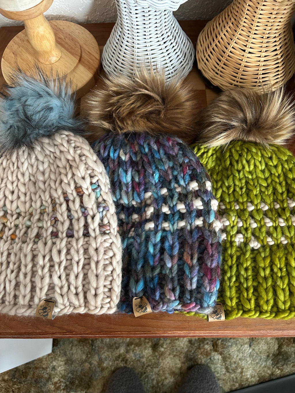 Handmade Merino Wool Knit Beanie: green blue beige knit with Faux Fur Pompom
