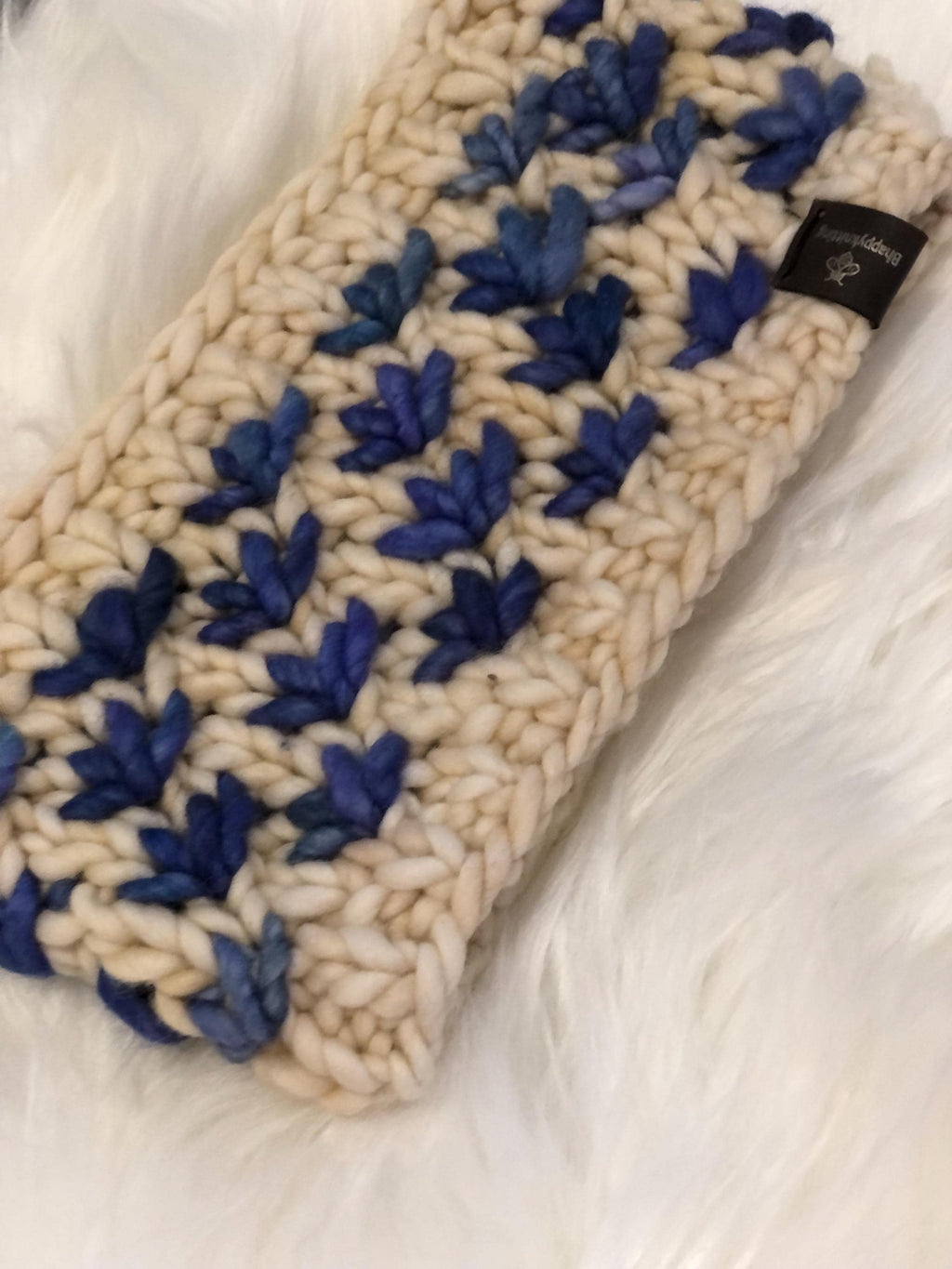 Hand Knit Merino Wool Headband: Blue Lotus Flower Ear Warmer