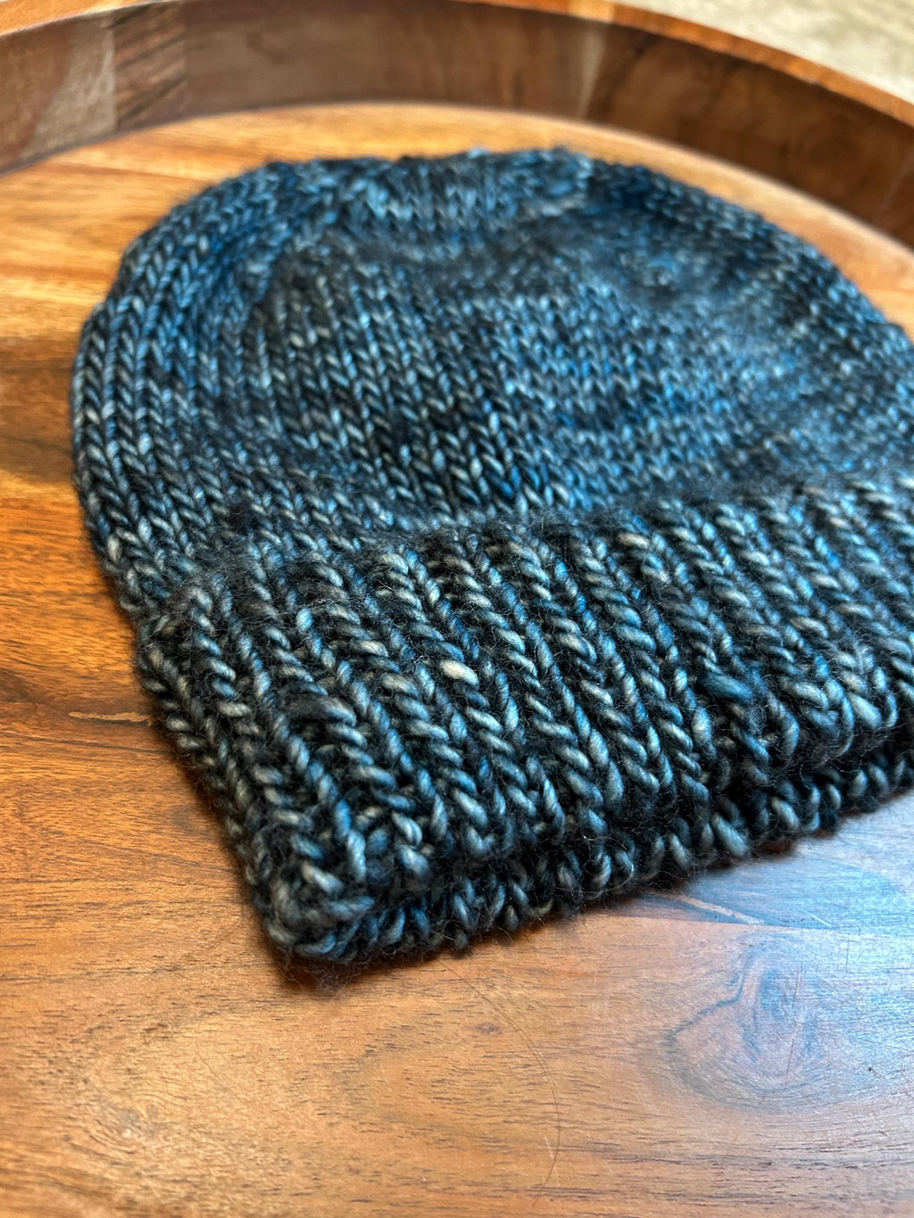 Hand Knit Blue Merino Wool Beanie, Double Brim, unisex