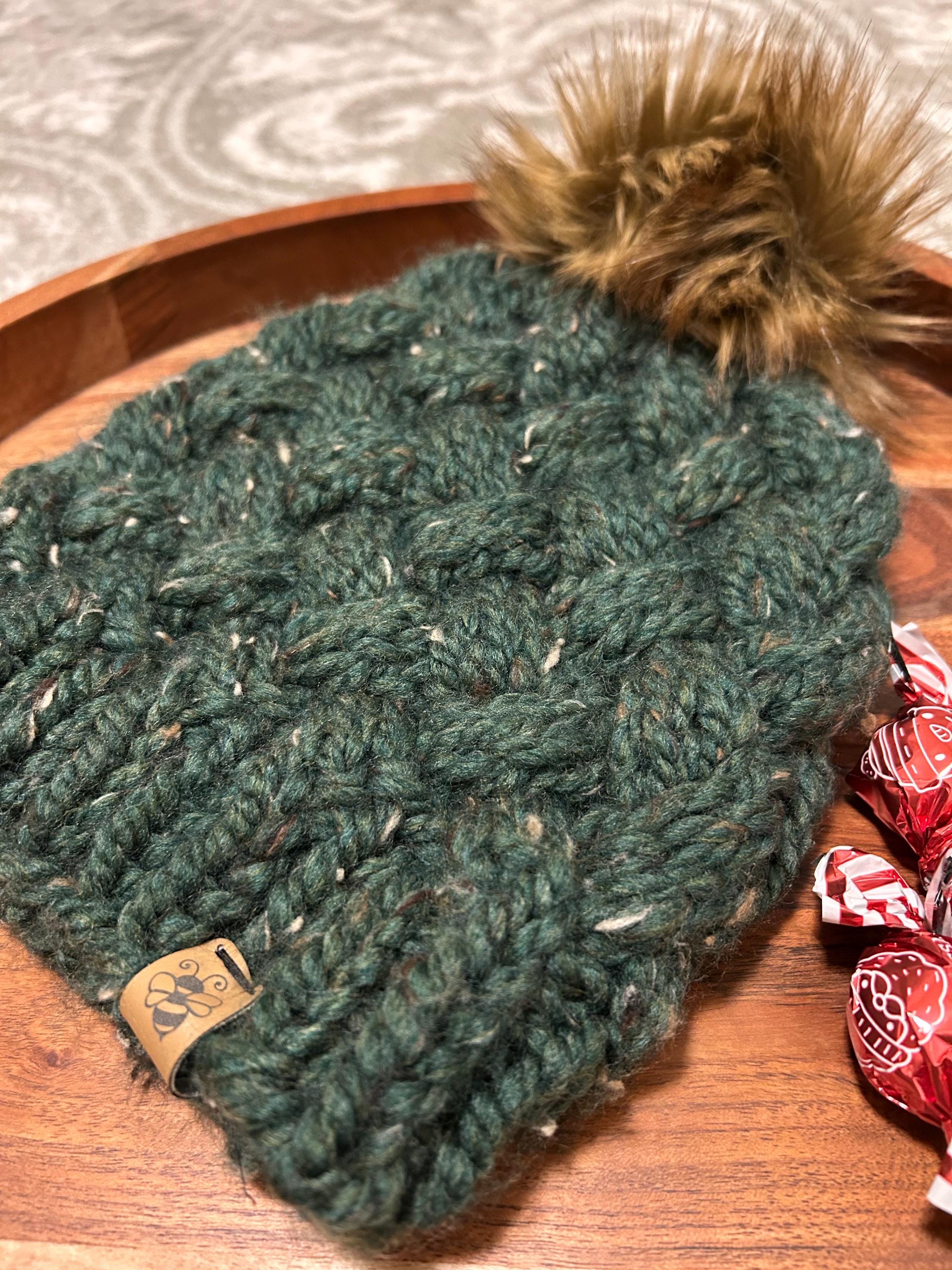 Handmade Merino Wool Knit Beanie: Green cable with Faux Fur Pompom