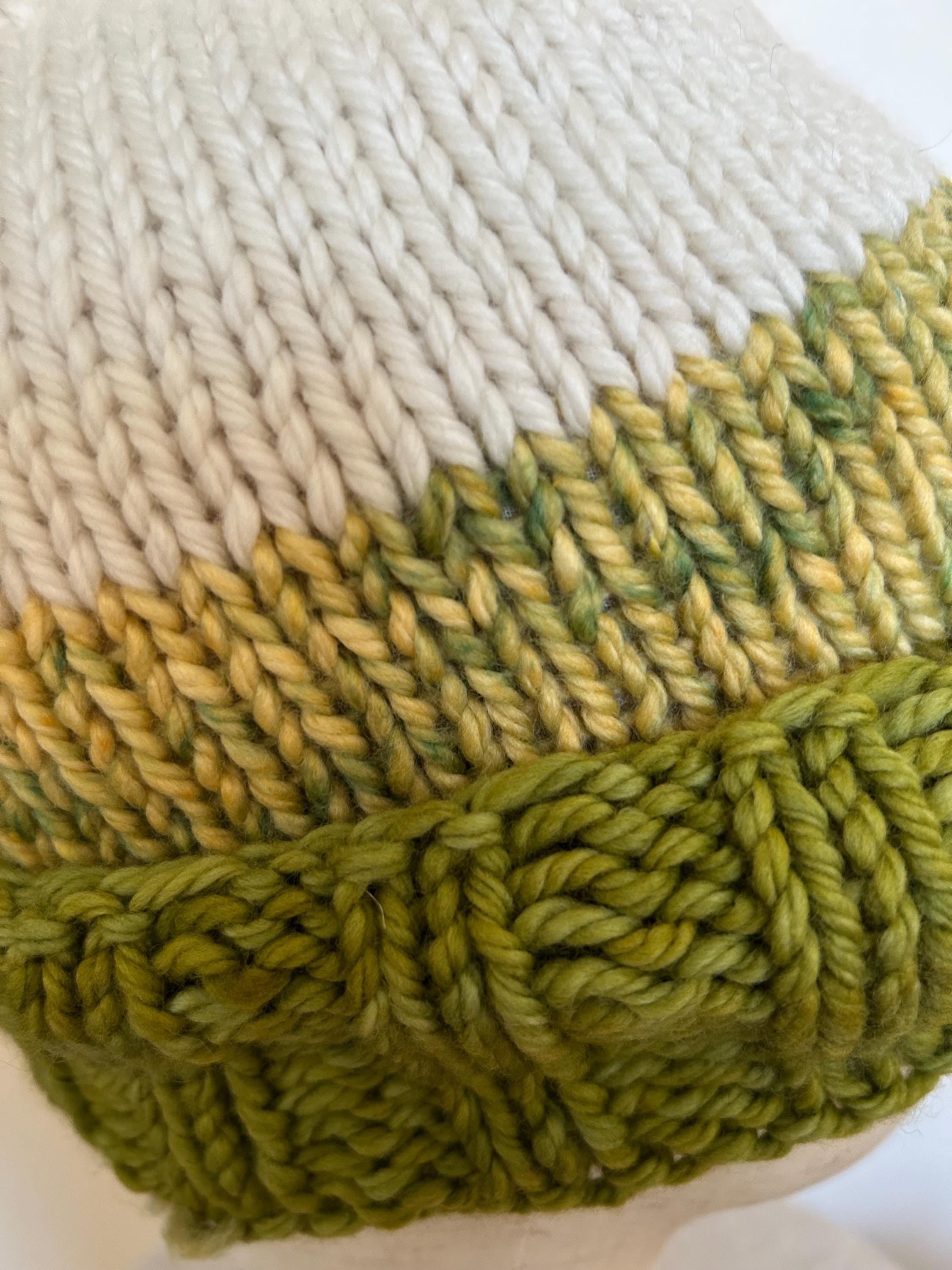 Hand Knit Merino Wool Winter Beanie - Folded Brim contrasting yellow and off white