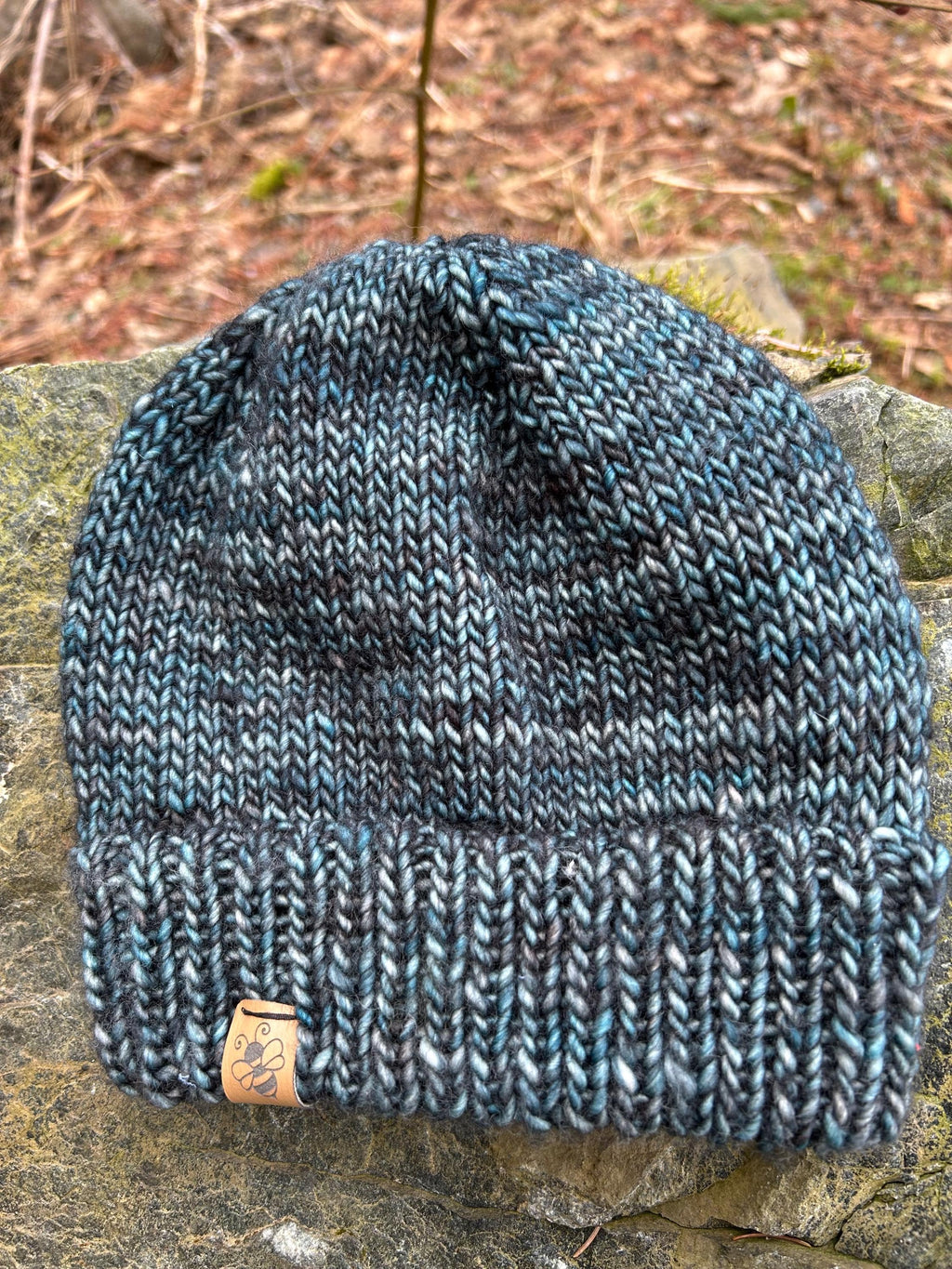Hand Knit Blue Merino Wool Beanie, Double Brim, unisex