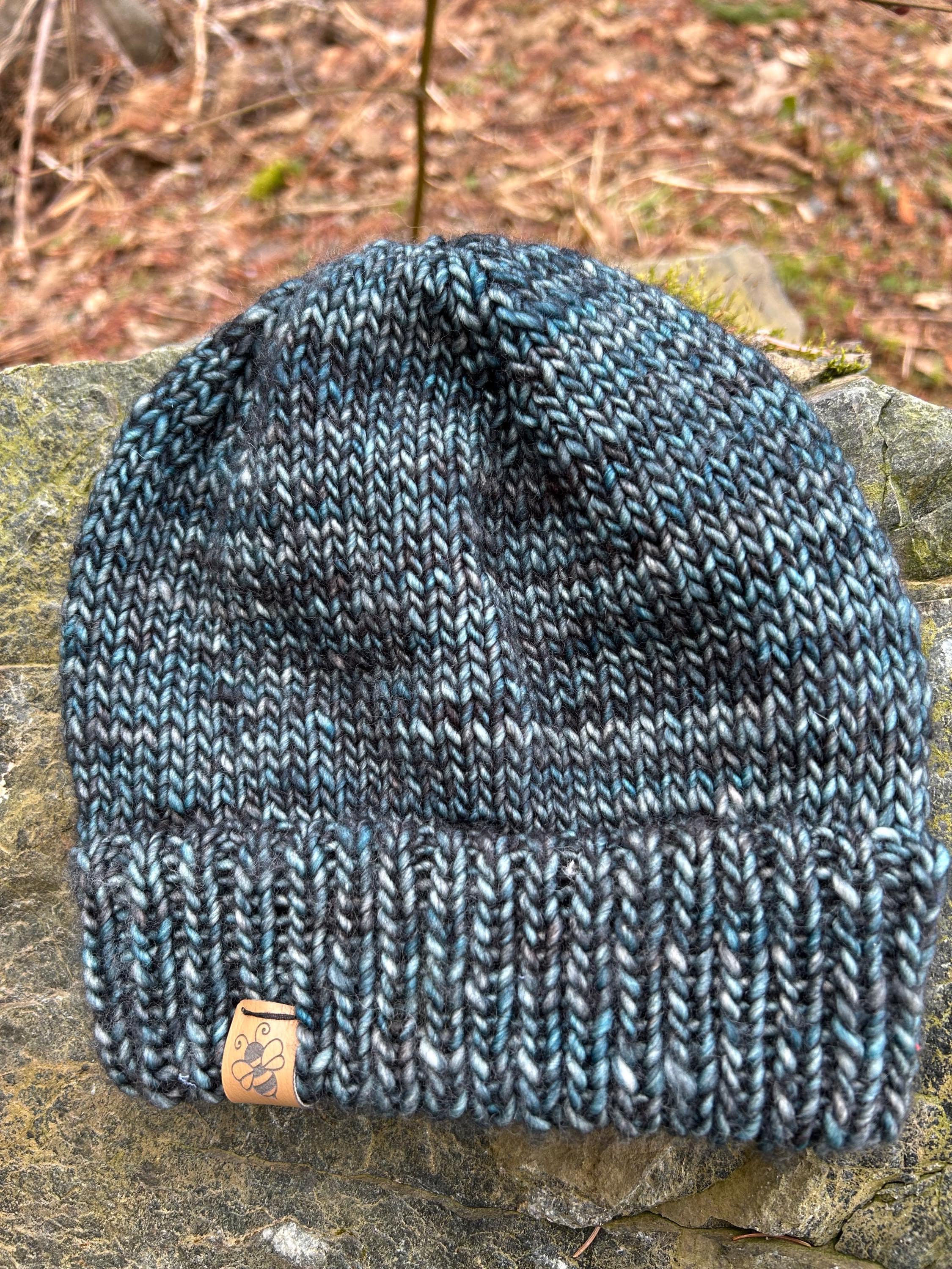Hand Knit Blue Merino Wool Beanie, Double Brim, unisex