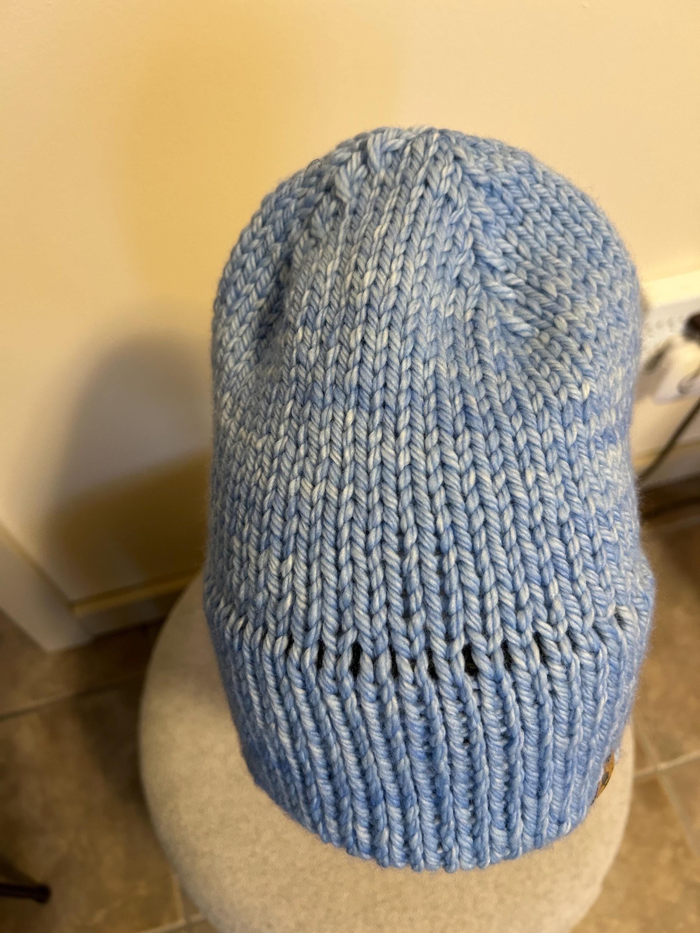 Hand Knit Merino Wool Beanie: Double Brim high top hat for men or women, soft cozy warm winter toque, light blue toque,  gift