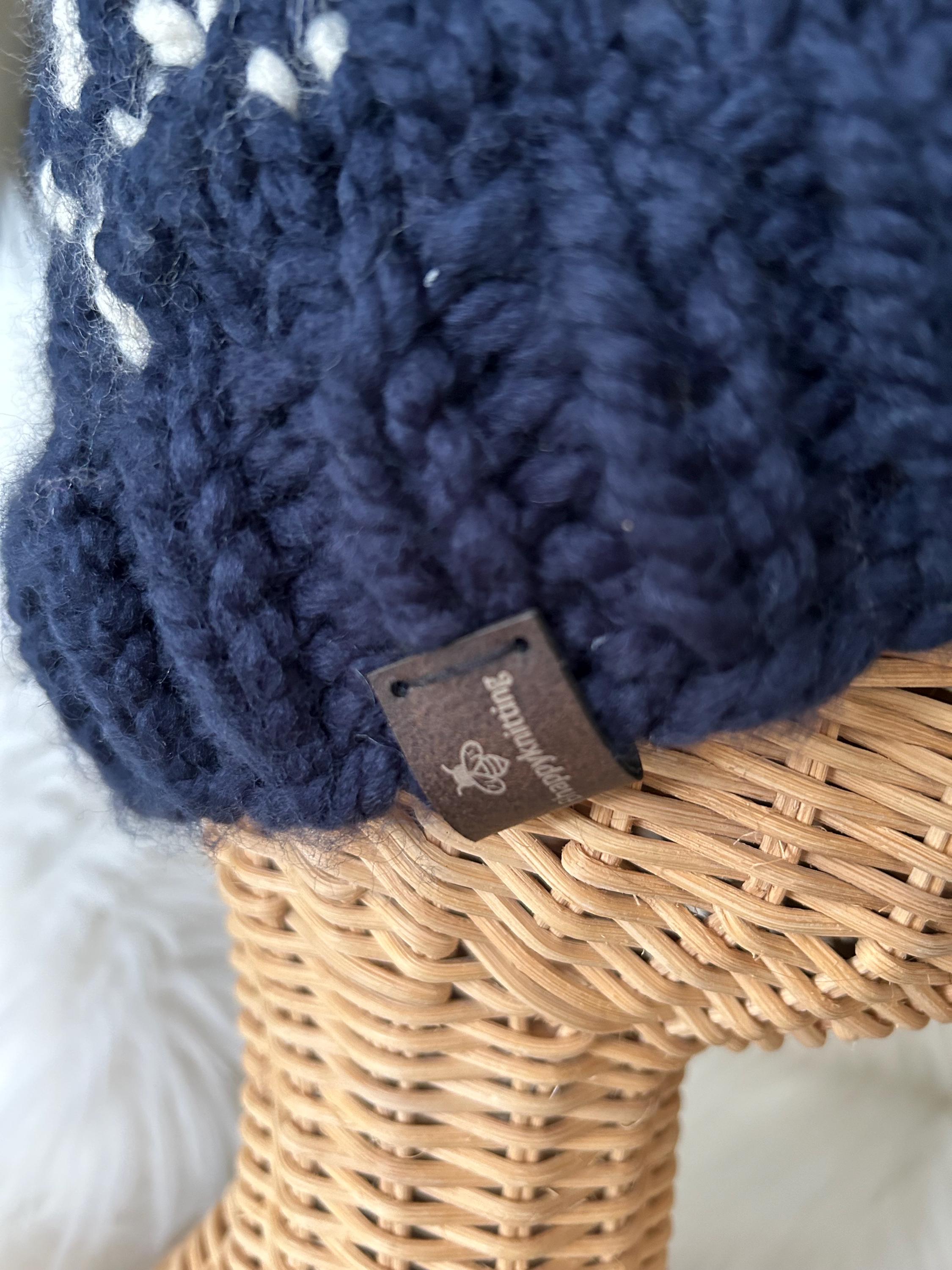 Handmade Knit Winter Toque, Blue White Pattern, Faux Fur Pompom
