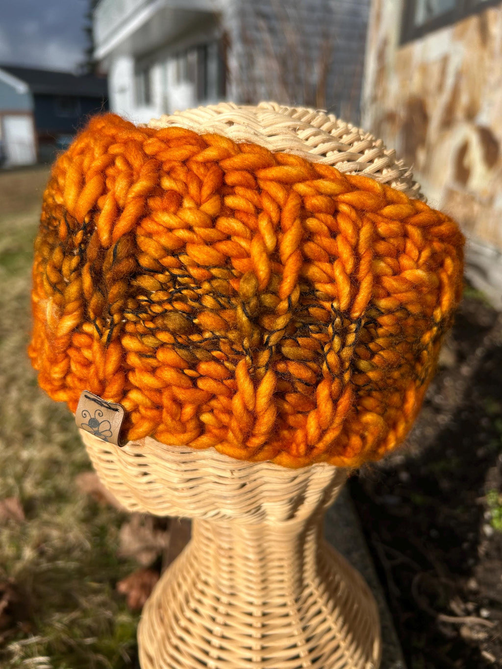 Adult size headband, Handknit, orange colour, Winterwear, messy bun, wool, winter accessory