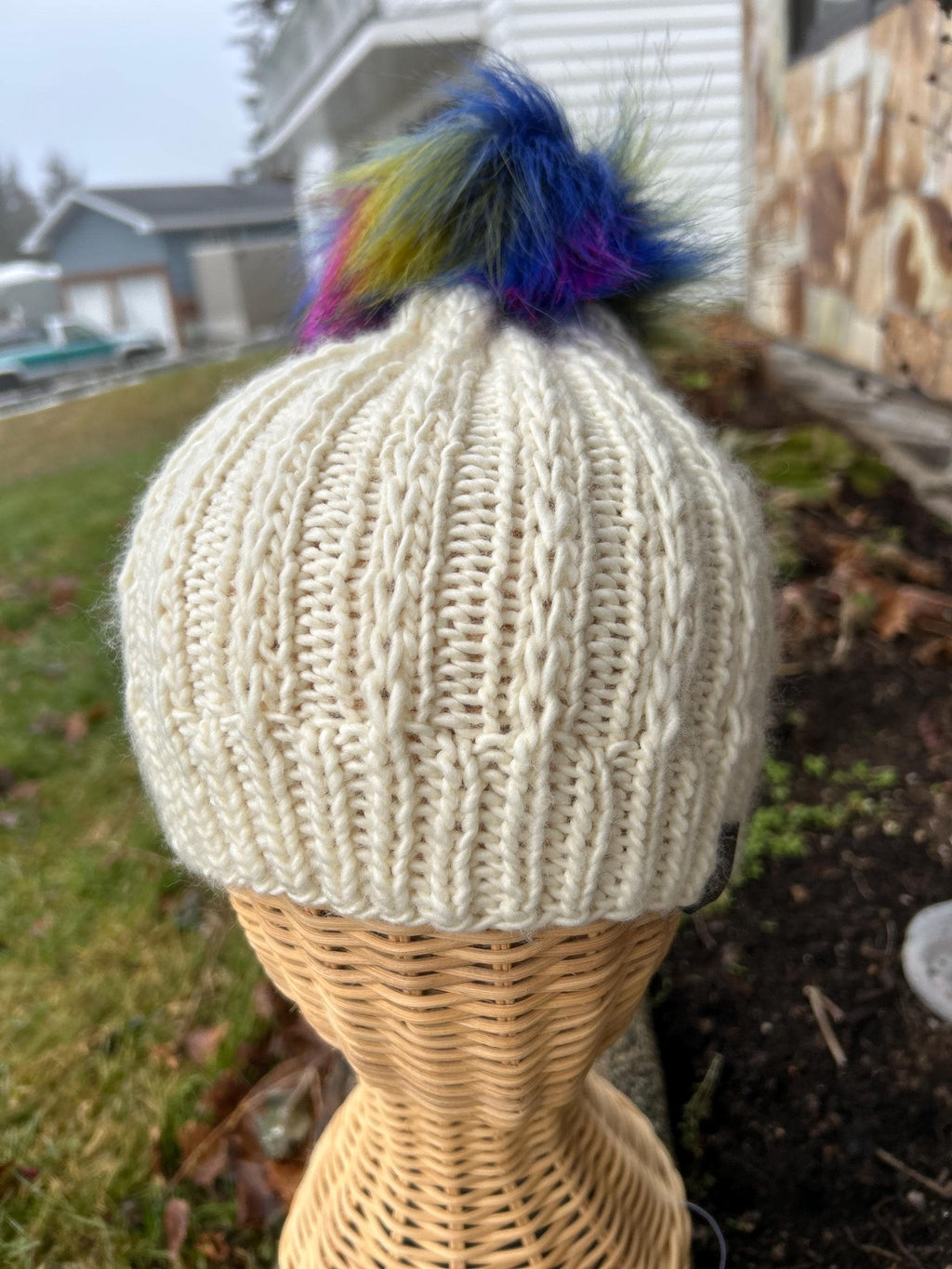 Hand Knit Merino Wool Beanie: Off White soft Toque with Faux Fur Pompom, knitted hat