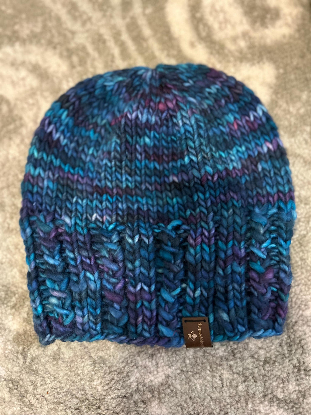 Hand Knit Merino Wool Beanie, Blue Purple Toque