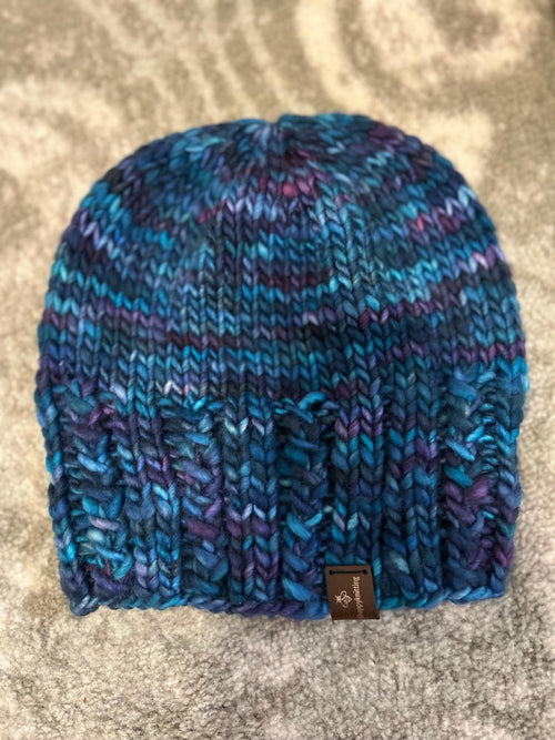 Hand Knit Merino Wool Beanie, Blue Purple Toque