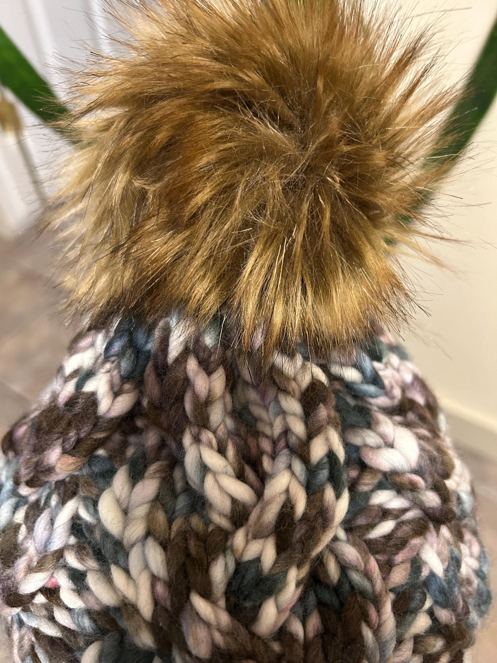 Handmade Merino Wool Knit Beanie: brown multi colour cable knit with Faux Fur Pompom