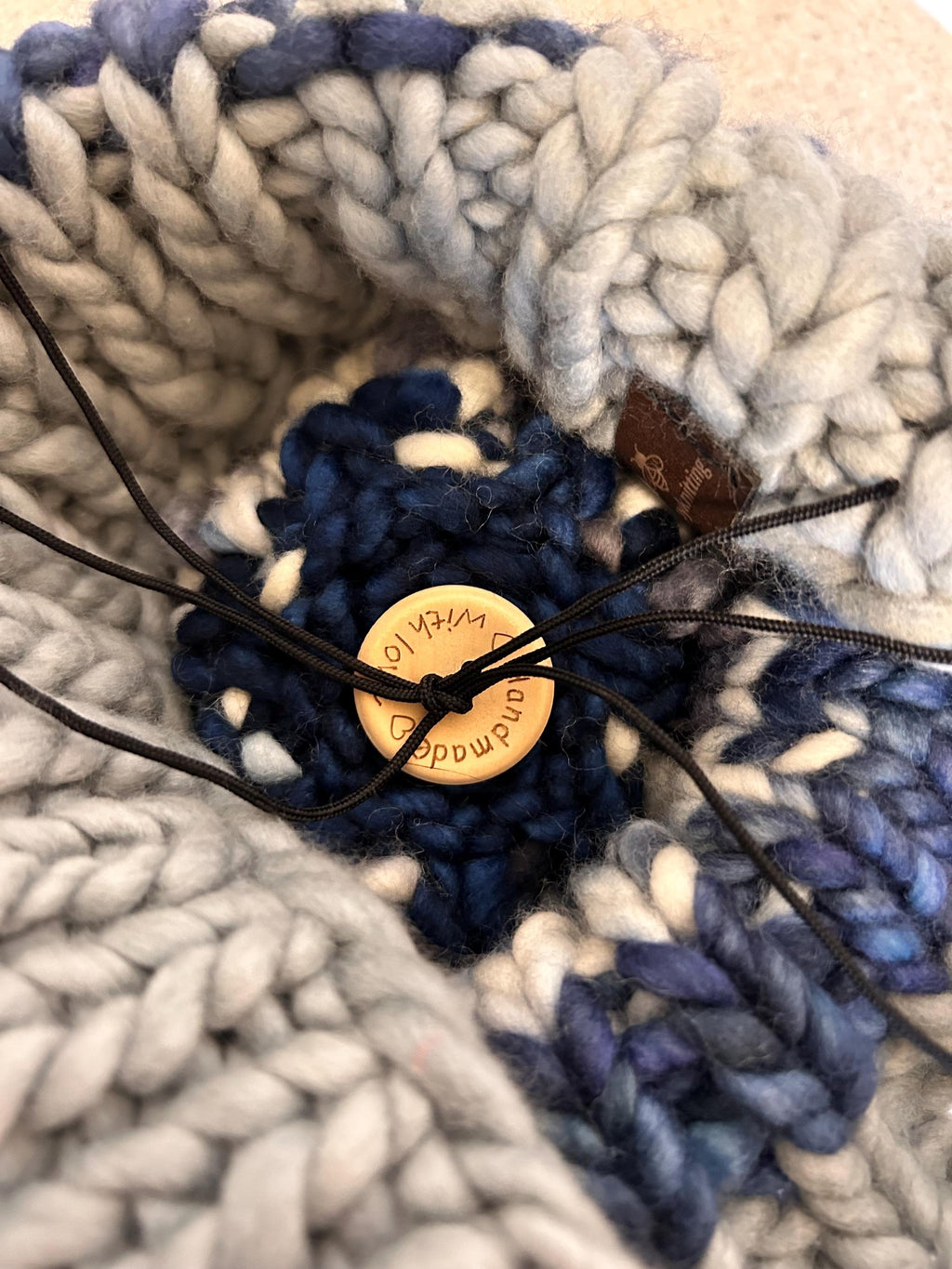 Handknit Chunky Wool Beanie: Blue and Grey Winter Cap with removable PomPom