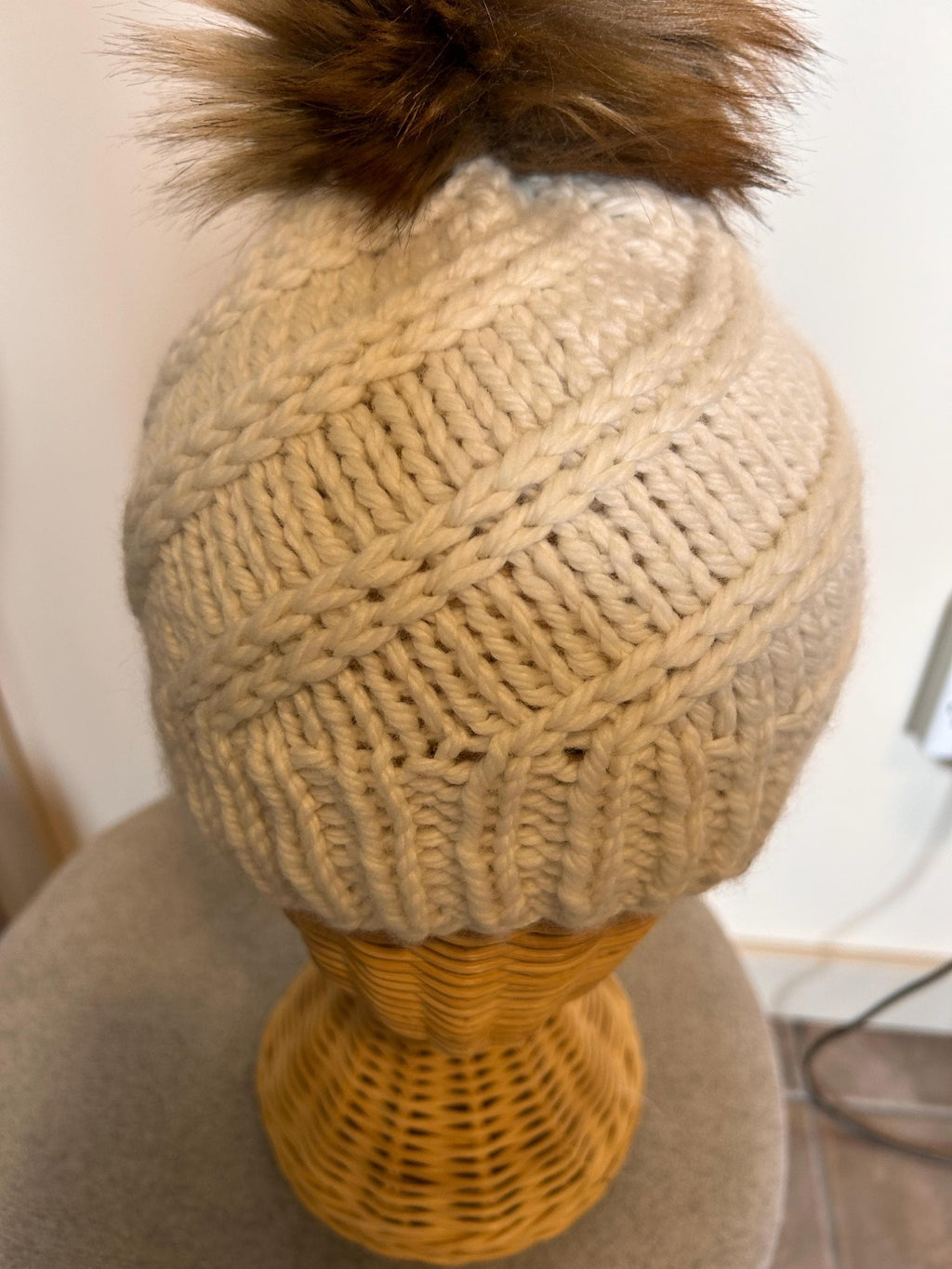 Hand Knit Merino Wool Beanie: Removable Faux Fur Pompom