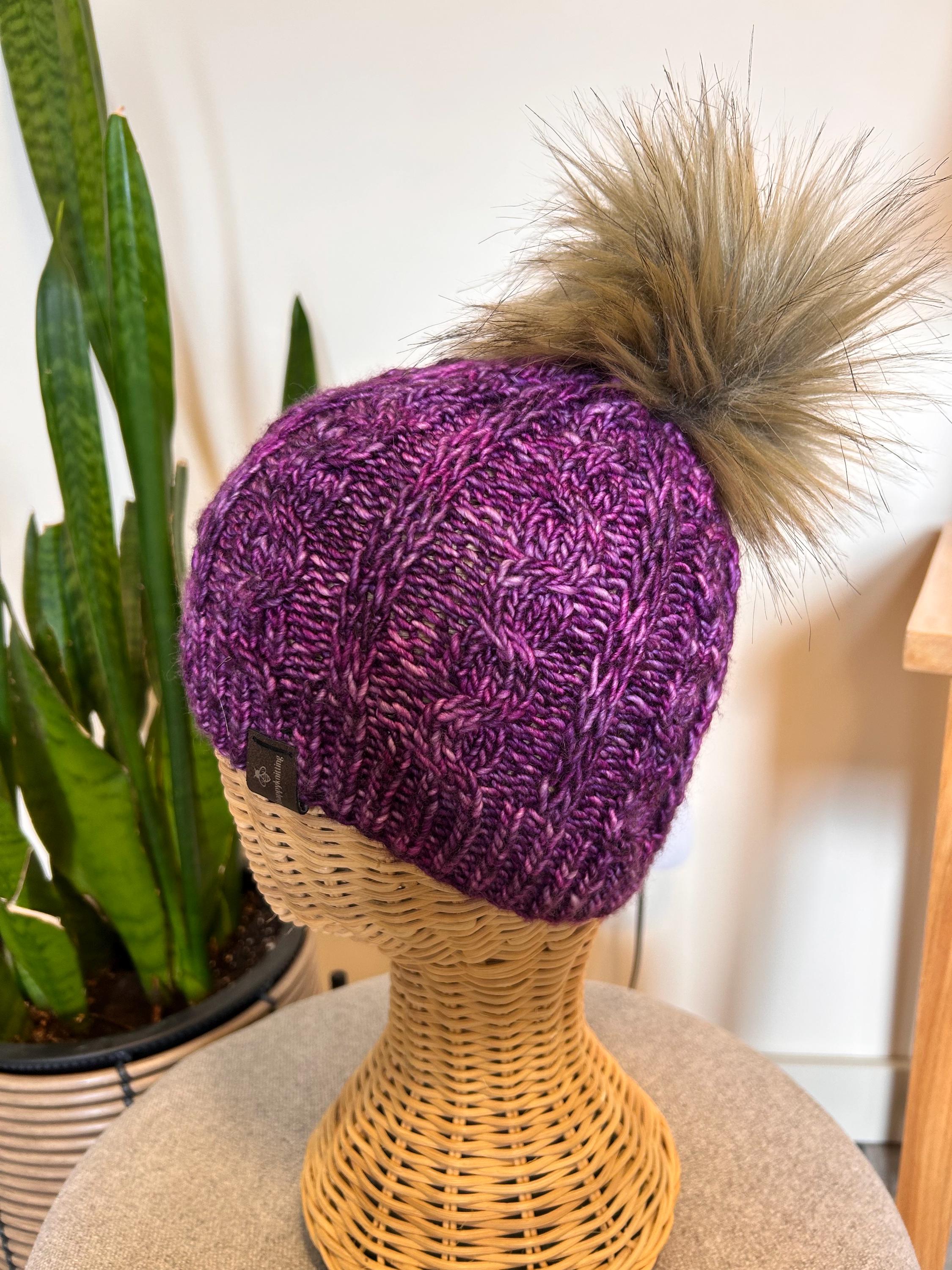 Handknit Purple Wool Beanie: Faux Fur Pom Pom, fine Cable Knit