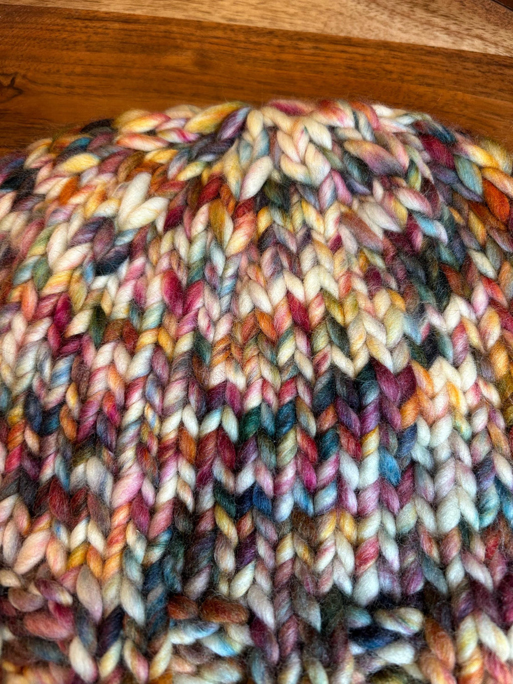 Hand Knit Merino Wool Beanie: Blue Red Multi Colour Toque
