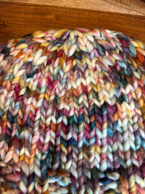 Hand Knit Merino Wool Beanie: Blue Red Multi Colour Toque