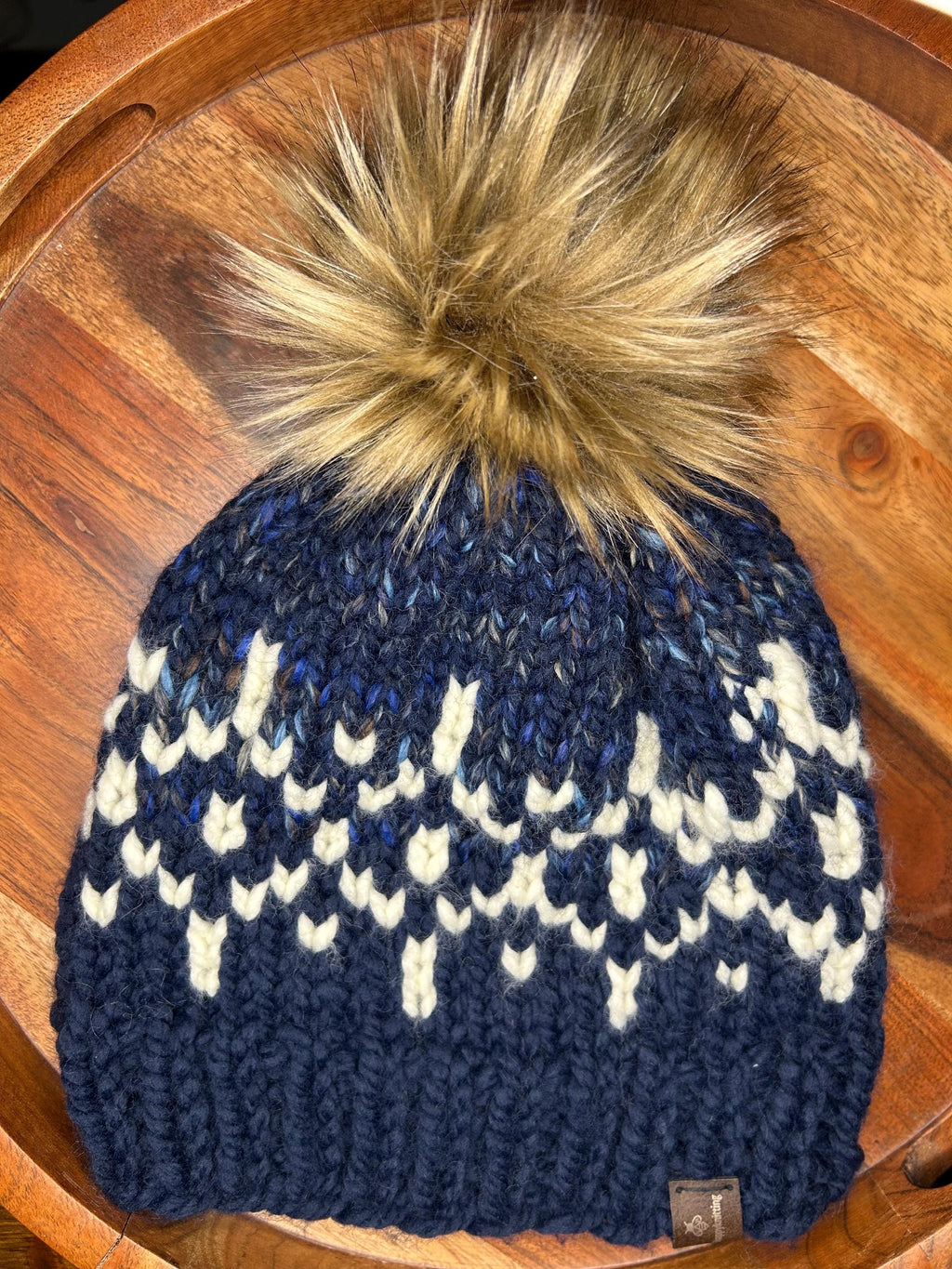 Handmade Knit Winter Toque, Blue White Pattern, Faux Fur Pompom
