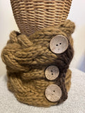 Cable Knit Wool cable Cowl: Button Up caramel brown Winter Scarf; neck warmer