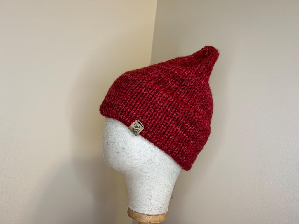 Hand Knit Merino Wool Beanie: Double Brim Red Toque, Cozy Warm Winter Hat