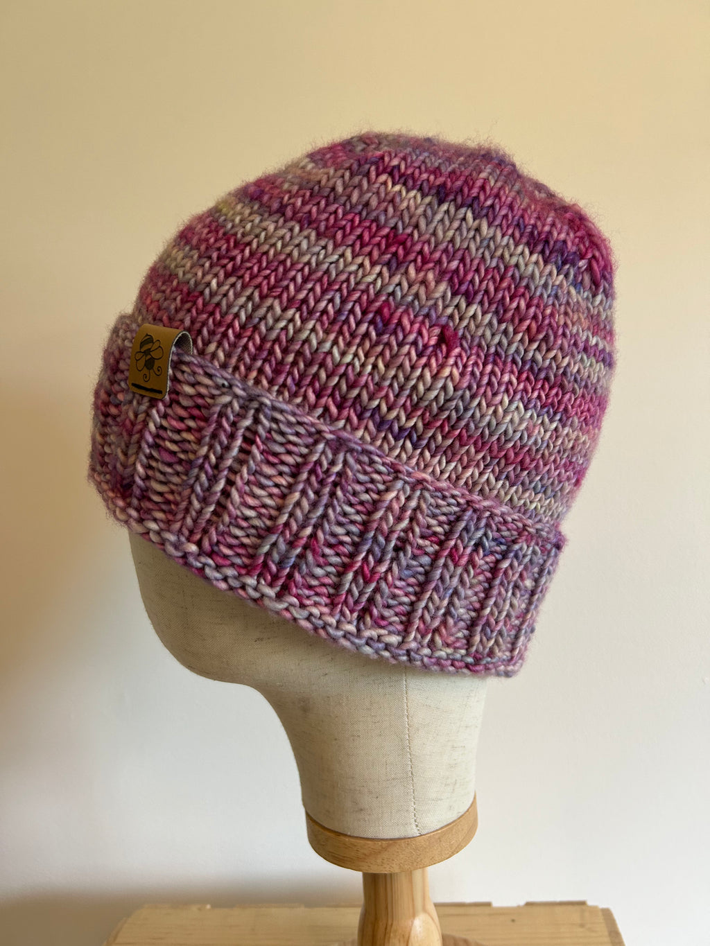 Folded brim wool adult pink beanie